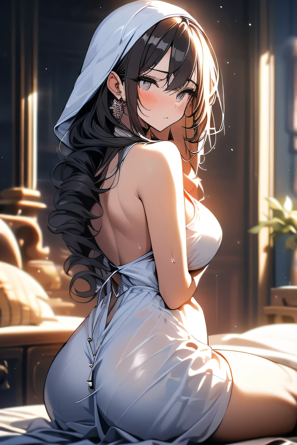 （ Masterpiece、 highest image quality taken by Ki、4K, 8k）　A nun, her pristine white habit clinging to her shapely figure. Pious gaze downcast, yet a glimmer of carnal desire smolders within her hooded eyes. A lone, wayward strand caresses a faintly flushed cheek. Elegantly coiffed hair betraying the controlled passion beneath the surface. Curves hinted at through the immaculate fabric. midnight.  night bedroom、 lying on the bed 、 bare monastic uniform、Blushed cheeks、sweat、moisture、 steam、 lying on your back to stare