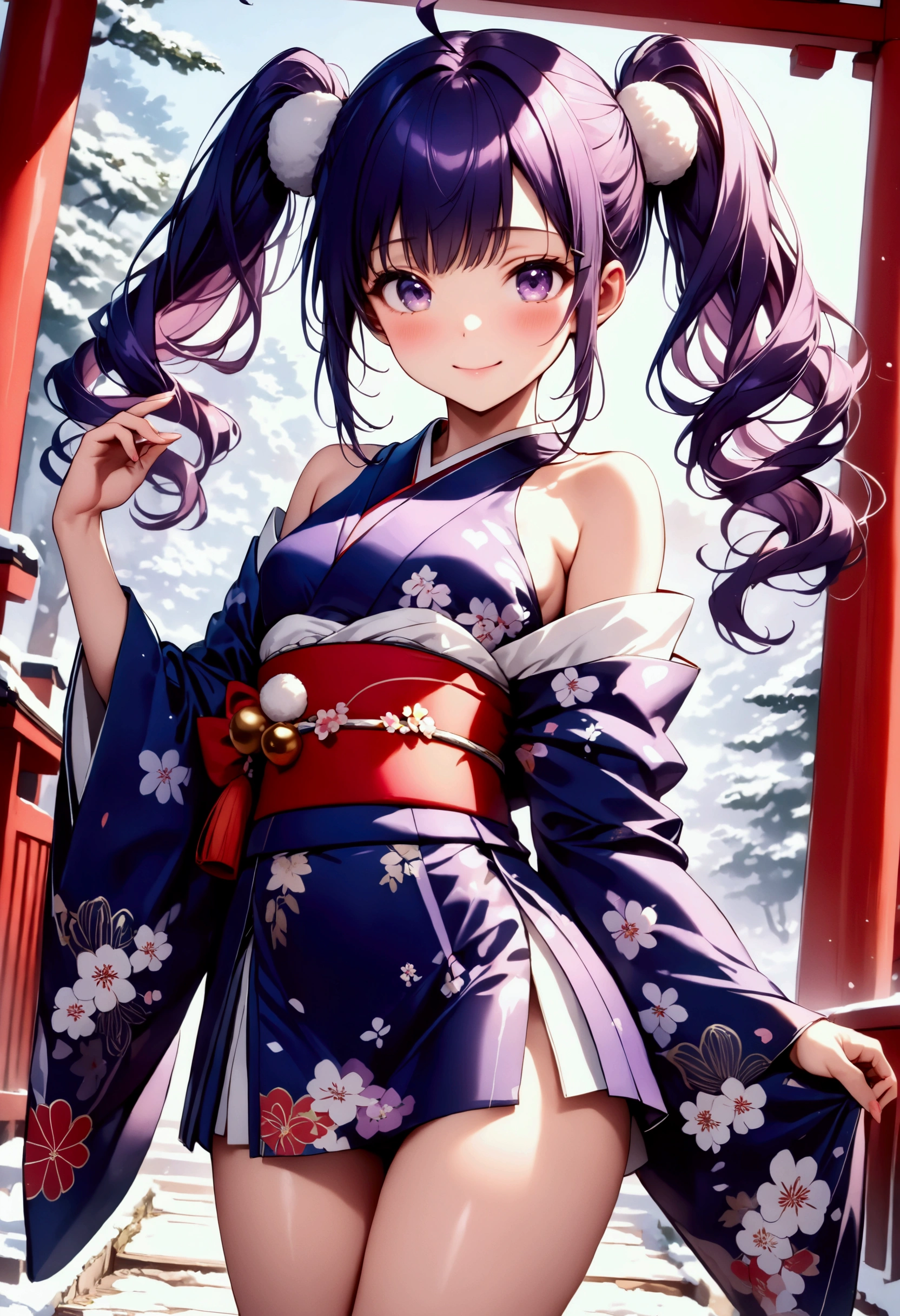 ((Japanese formal wear, beautiful kimono, gorgeous furisode)), Shiny Costumes, break, skinny, alone, solo, Masterpiece, highest quality, highest quality, 16K, incredibly absurd, highly detailed, 2.5D, ai-generated, delicate and dynamic, very delicate facial expressions, delicate eye depiction, erotic, only sexy woman, ((A cute and kind face)), healthy figure, ((1 cute girl)), (teens girl), 150cm tall, ((Blue-purple hair, ((heart ahoge)), (((twin drills:2.0))), (Small white pompom a Hair-clip), twintails, Light-colored eyes)), small firm swaying bust, Small breasts, ((thin thighs)), shiny and lustrous, facing straight at viewer, (Smile), ((dutch angle)), (Dynamic Pose), (((random Pose))), Japanese shrine, bright sunlight, winter scenery,