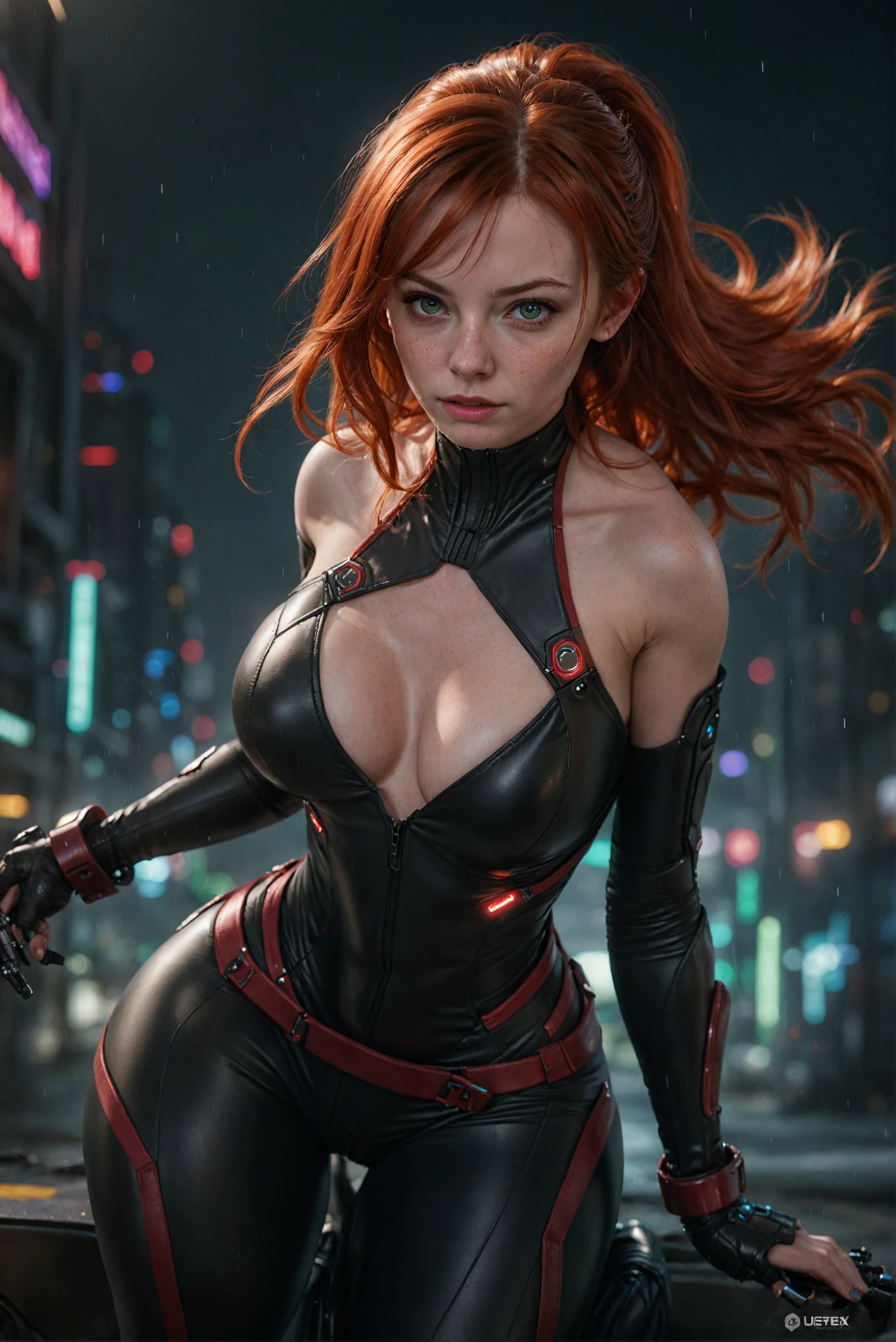 SCARLETT JOHANSSON,When you were a young woman,She wears red lipstick,red hair,wear a dress ((Black hi-tech leotard)) ,she wears a collar,((cybernetic body)),In the future world,amazing night,sci fi,city at night, realistic skin, incredible light, ultra realistic,complicated, Sharp focus, Ray Tracing, rtx, Professional photography, Masterpiece, very detailed, High quality, best quality, big breasts,She breast size is M cup, full body, she very sexy, she have perfect body, she so beautifully,She have good eyes,She is full of charm,close up,She is on duty.