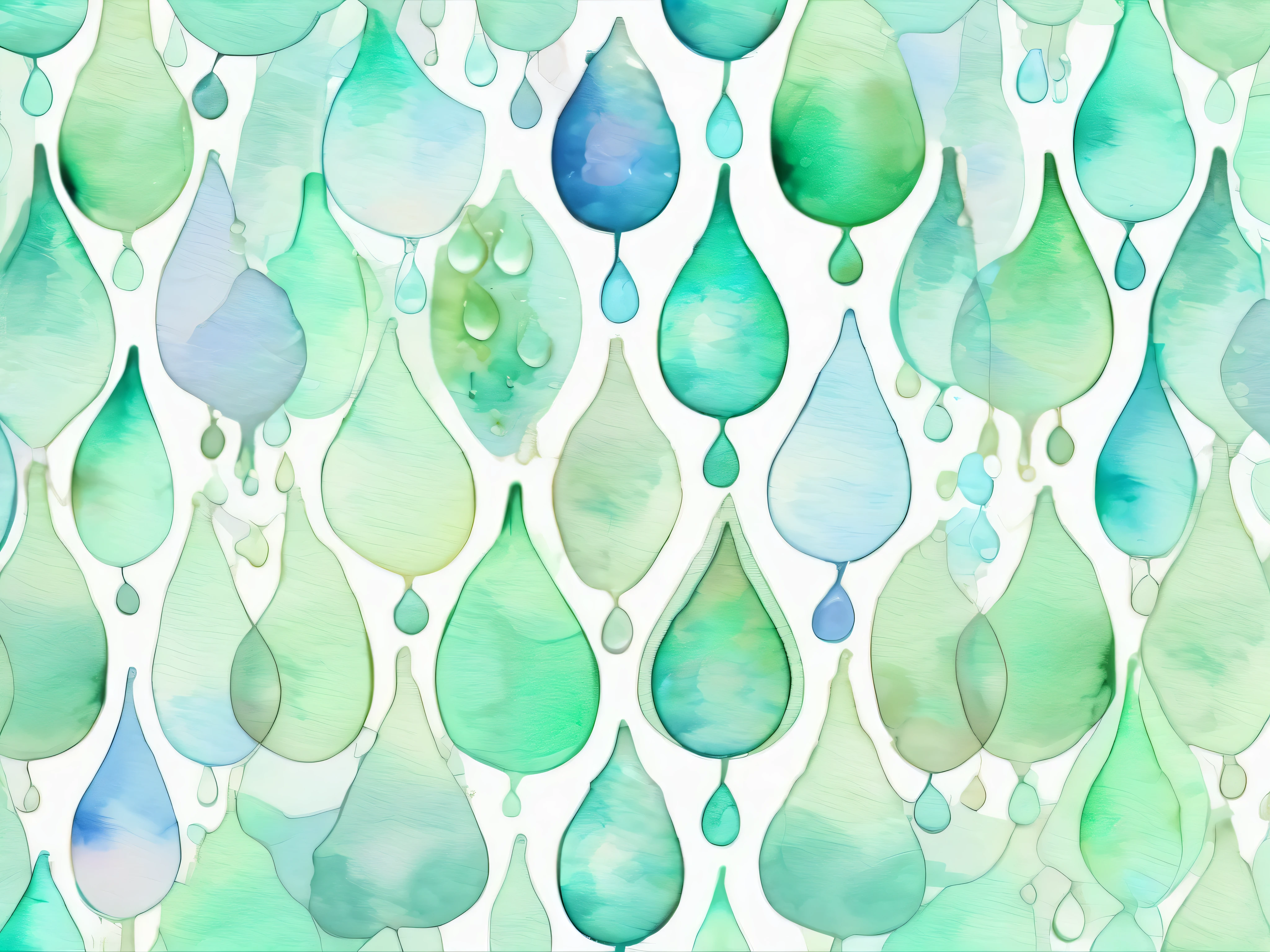 pale watercolor water drop pattern。 with gentle pastel colors at the center 、 transparent light tones spread 。The background has a soft green、Light blue harmonizes 。It comes in a variety of sizes、 bleeding outlines 。 with a soft and delicate atmosphere throughout 、 gentle and dreamy art style。