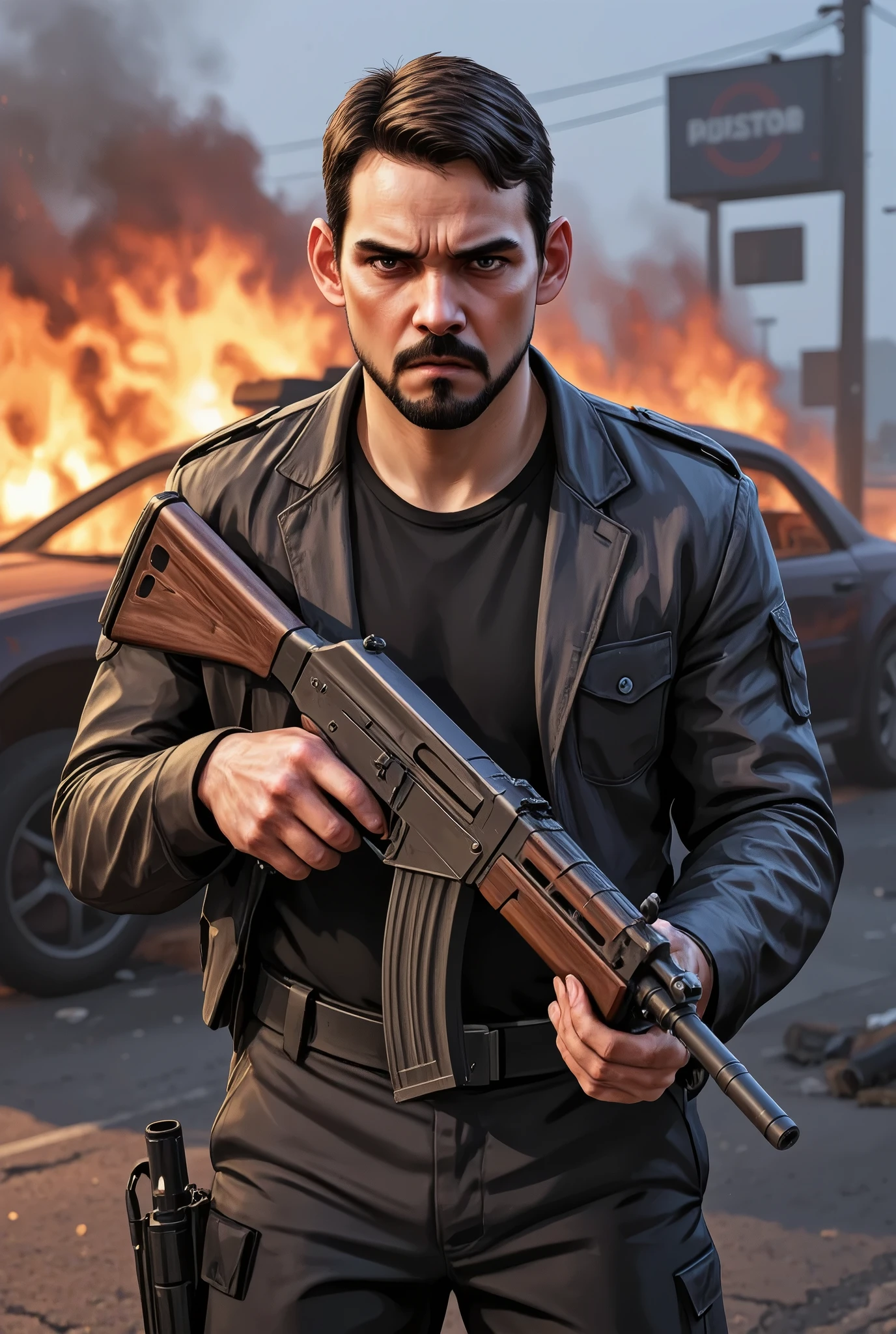 Cartoon art, GTA V Style. a young man, about 30 years old, in dynamic pose, ((wearing a Call of Duty suit style)) , holding a AK-47, angry face , in action scene, dynamic Angle, handsome man, detailed illustration, vivid colors, burning car in background. 