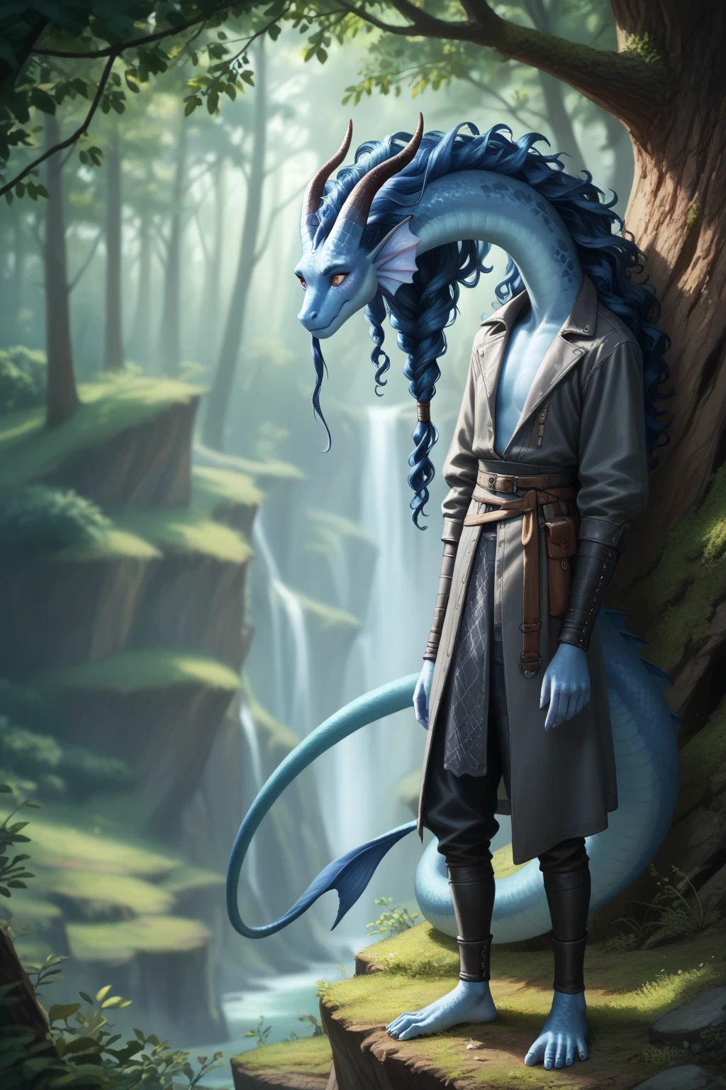 ( A cedar tree is growing next to the forest on a cliff ), (1Тiefling , dark blue-grey leather peels off a high cliff:1.5), (one character in total:1.7), ( very thick long tiefling dragon tail :1.5), ( long black flowing hair with dark blue tips:1.4), ( the bright blue-black pigmentation on the face :1.5), (blue-black freckles :1.2) , ( 2little fins on their heads :1.4), ( blue-black pigmentation on the skin :1.5), ( dark grey straight short horns ), ( blue and black pigmentation on the tail :1.5), ( Adult girl:1.2) , (you can see pigmentation on his shoulder ), (kind face), (medieval pants with fur on the ankles:1.4), (short trench coat:1.2), [curiosity ], (35 years old:1.5), (Deep look:1.3), ( legs wrapped in cloth :1.2), (chainmail), (tail protection), ( seen in its entirety :1.3), ( top quality ), ( masterpiece fails), ( highest detail),  fantasy background, blue tones, Dark tones, dark shades,  muted colors, ( against the background of a dark, scary thorny forest).