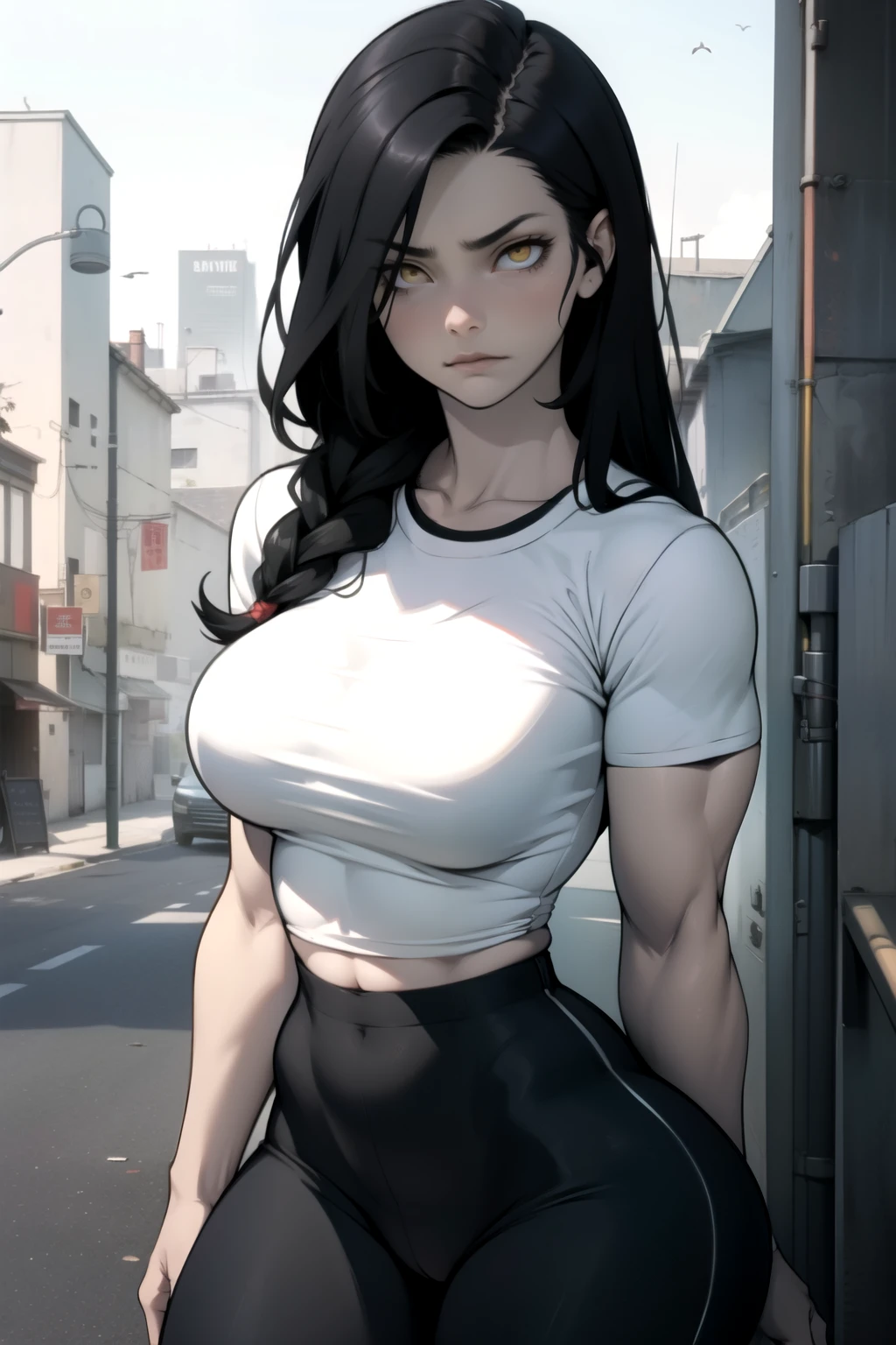 solo muscular girl muscular girl muscular girl thick thick thick breasts breasts breasts massive hair black hair yellow eyes pale skin embarrassed empty eyes sad