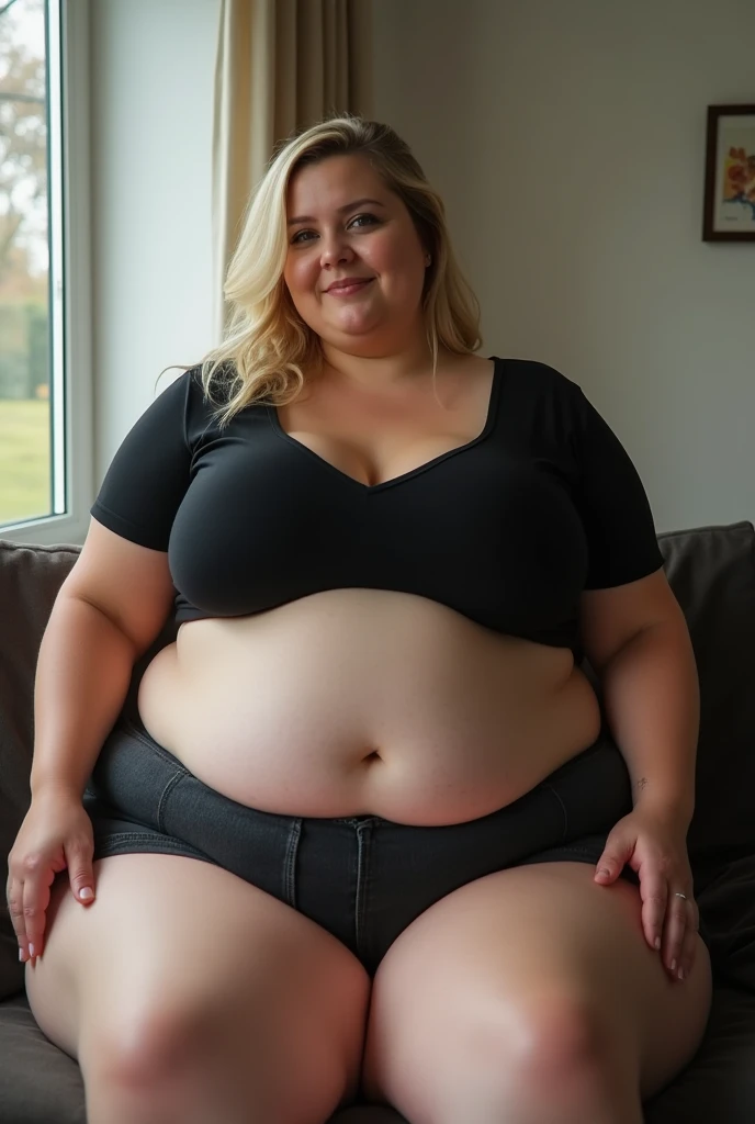 image of a beautiful blonde woman, natural look, gorgeous model, long hair, portrait 1:4, bokeh, beautiful, wearing black shorts that are ripping, a small blue crop top, sexy, starting to transform into an anthro pig, pig features, small pig nose, pig woman, curly pig tail, small spiral tail, pinkish skin, pig ears, pig nose, chubby, clothes beginning to stretch and tear, fat butt, round belly, maternal, milf, surprised look, shocked face, small pig snout