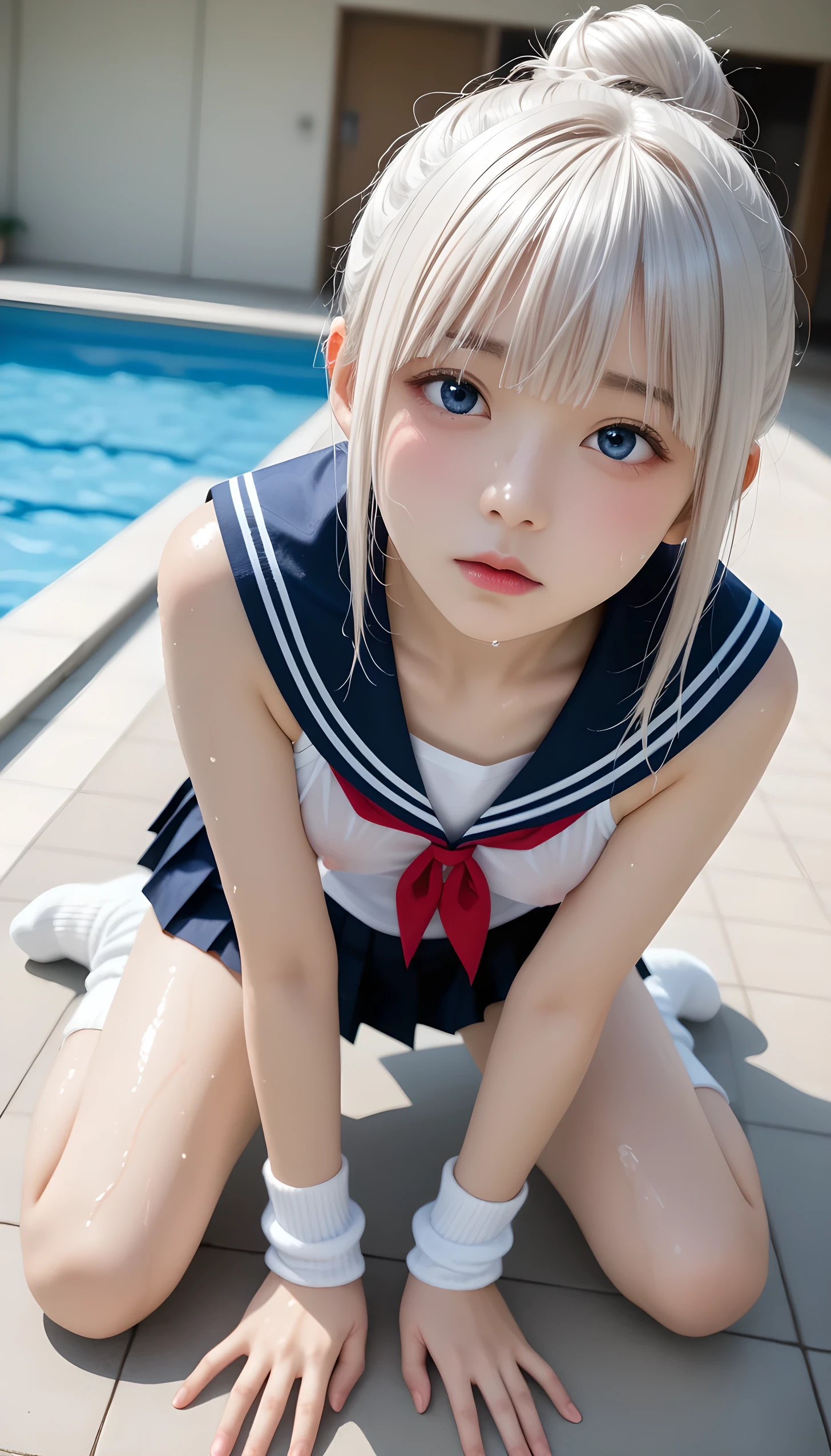  wet、masterpiece 、  top quality  、 Super high resolution、 realistic、 beautiful lighting arranged in an orderly manner、  RAW photos 、4K Ultra HD、  super detailed face、Clear Face、1080P、Detailed eye、 beautiful eyes、 ecstatic face、( Half Open Eyes )、 with blue eyes 、Silver-white hair、 Ponytail、 horny 、 young gravure idol who lost weight、cat ears、 white gloves、(((Firm small breasts、Separated Breasts 、 tight breasts)))、((( viewersに近づけるようにお口を持っていきます)))、(((wet Japanese elementary school girl 、  navy sailor color 、 with both shoulders out 、 wet pleated skirt 、 Loose Socks 、Wear black shorts)))、Japanese female elementary school students wearing school swimsuits 、((Inside a small pool 、While staring at the audience, bring your face close and kiss)) break ( messy bun  ) break ((( EXTREME FACE UP SHOT ,  viewers, the above ))), (( A woman reaches for this crotch、Kneel))、( perfect anatomy)、 break ((Upper eyelid))、((( midi skirt)))、 thin beautiful thighs 、 beautifully manicured hair 、 oily skin 、Five fingers