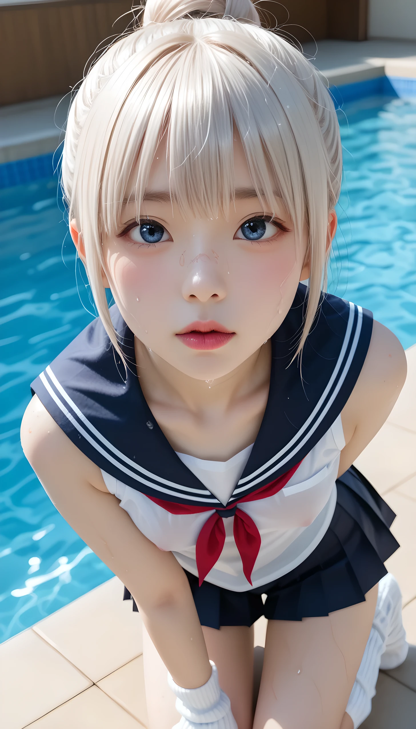  wet、masterpiece 、  top quality  、 Super high resolution、 realistic、 beautiful lighting arranged in an orderly manner、  RAW photos 、4K Ultra HD、  super detailed face、Clear Face、1080P、Detailed eye、 beautiful eyes、 ecstatic face、( Half Open Eyes )、 with blue eyes 、Silver-white hair、 Ponytail、 horny 、 young gravure idol who lost weight、cat ears、 white gloves、(((Firm small breasts、Separated Breasts 、 tight breasts)))、((( viewersに近づけるようにお口を持っていきます)))、(((wet Japanese elementary school girl 、  navy sailor color 、 with both shoulders out 、 wet pleated skirt 、 Loose Socks 、Wear black shorts)))、Japanese female elementary school students wearing school swimsuits 、((Inside a small pool 、While staring at the audience, bring your face close and kiss)) break ( messy bun  ) break ((( EXTREME FACE UP SHOT ,  viewers, the above ))), (( A woman reaches for this crotch、Kneel))、( perfect anatomy)、 break ((Upper eyelid))、((( midi skirt)))、 thin beautiful thighs 、 beautifully manicured hair 、 oily skin 、Five fingers