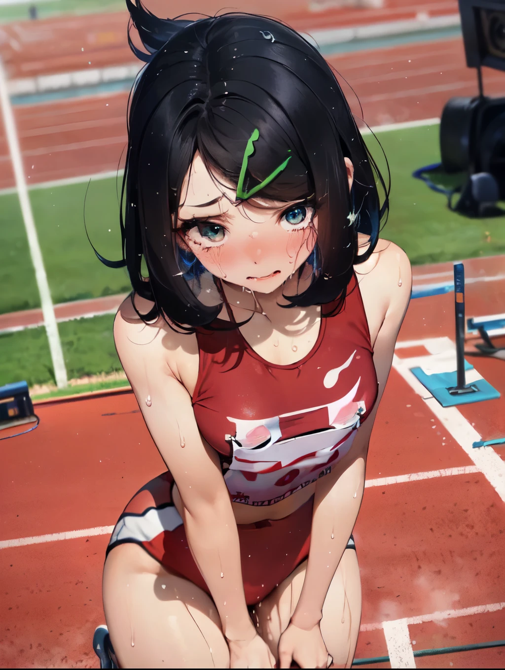 NSFW:1.5、very cute and beautiful girl,very thin body、Model body type、(Very detailed cute face), (((Sweat all over the body))),(((Sweat)))、(((Sweaty)))、(((body odor)))、blush,((、short hair、Pink highlights on the inside)),((gal、Center of chest)),((Track and field athlete uniforms)),skyblue uniform,((Low Angle、Dynamic Angle)), ((outside)), (Highest quality,masterpiece:1.0),Very detailed,32K,8k resolution, Intricate details,Movie Scenes,Detailed Background,alone,Dynamic Angle,(((Love juice dripping from between her legs)))、(Athletics Stadium)、((Starting pose for the 100m sprint、Just before the start、Crouch start position))、Stick your butt out,pokemonliko, hairclip