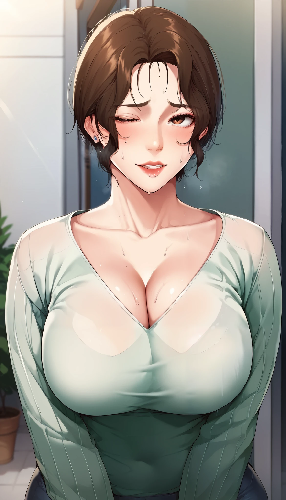 (masterpiece:1.2), (best quality:1.2) perfect face, sweaty, cleavage, sweater, big breasts
