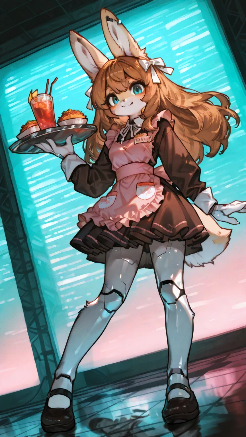 1girl,\((anthropomorphic rabbit, furry, kemono:1.3),(fur body),animal, Virtual waitress, hologram waitress, white ribbon, apron, Attractive smile,cute smile, greeting viewer, holding tray, cheerful, cyborg style, cyborg, android,cute pose,dynamic pose,(dynamic action:1.4)\), background\(cute fastfood restaurant\(futuristic design, girly concept design, neon lights, digital menu, pink, blue, white, glass reflection, metal reflection, advanced technology\).(dynamic angle:1.3),dutch angle, masterpiece, best quality