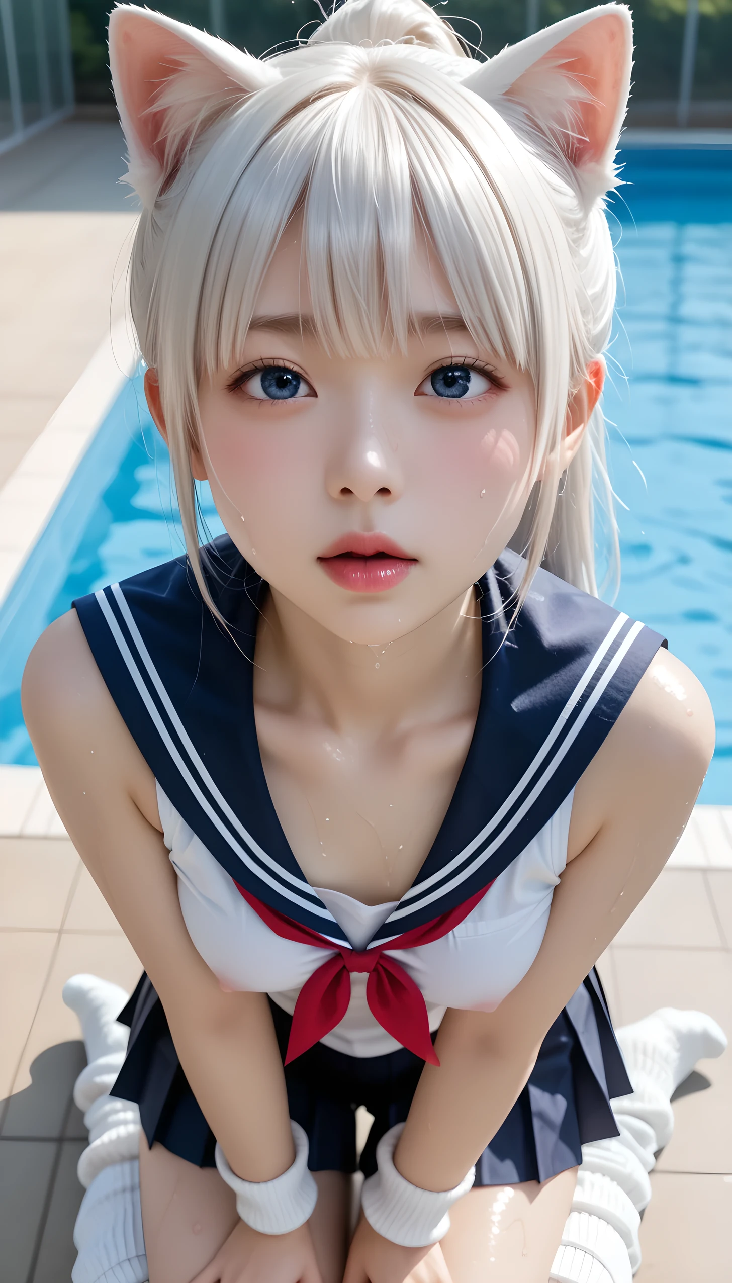  wet、masterpiece 、  top quality  、 Super high resolution、 realistic、 beautiful lighting arranged in an orderly manner、  RAW photos 、4K Ultra HD、  super detailed face、Clear Face、1080P、Detailed eye、 beautiful eyes、 ecstatic face、( Half Open Eyes )、 with blue eyes 、Silver-white hair、 Ponytail、 horny 、 young gravure idol who lost weight、cat ears、 white gloves、(((Firm small breasts、Separated Breasts 、 tight breasts)))、((( viewersに近づけるようにお口を持っていきます)))、(((wet Japanese elementary school girl 、  navy sailor color 、 with both shoulders out 、 wet pleated skirt 、 Loose Socks 、Wear black shorts)))、Japanese female elementary school students wearing school swimsuits 、((Inside a small pool 、While staring at the audience, bring your face close and kiss)) break ( messy bun  ) break ((( EXTREME FACE UP SHOT ,  viewers, the above ))), (( A woman reaches for this crotch、Kneel))、( perfect anatomy)、 break ((Upper eyelid))、((( midi skirt)))、 thin beautiful thighs 、 beautifully manicured hair 、 oily skin 、Five fingers