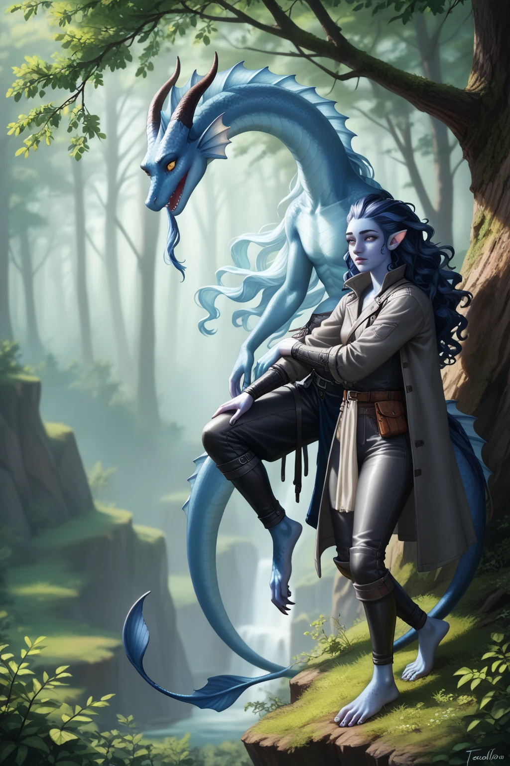 ( A cedar tree is growing next to the forest on a cliff ), (1Тiefling , dark blue-grey leather peels off a high cliff:1.5), (one character in total:1.7), ( very thick long tiefling dragon tail :1.5), ( long black flowing hair with dark blue tips:1.4), ( the bright blue-black pigmentation on the face :1.5), (blue-black freckles :1.2) , ( 2little fins on their heads :1.4), ( blue-black pigmentation on the skin :1.5), ( dark grey straight short horns ), ( blue and black pigmentation on the tail :1.5), ( Adult girl:1.2) , (you can see pigmentation on his shoulder ), (kind face), (medieval pants with fur on the ankles:1.4), (short trench coat:1.2), [curiosity ], (35 years old:1.5), (Deep look:1.3), ( legs wrapped in cloth :1.2), (chainmail), (tail protection), ( seen in its entirety :1.3), ( top quality ), ( masterpiece fails), ( highest detail),  fantasy background, blue tones, Dark tones, dark shades,  muted colors, ( against the background of a dark, scary thorny forest).