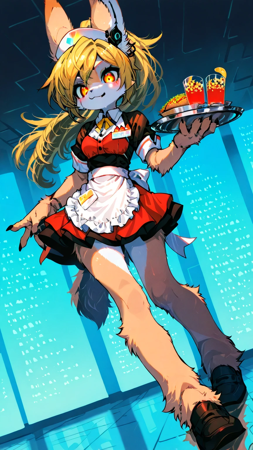 1girl,\((anthropomorphic rabbit, furry, kemono:1.3),(fur body),animal, Virtual waitress, hologram waitress, white ribbon, apron, Attractive smile,cute smile, greeting viewer, holding tray, cheerful, cyborg style, cyborg, android,cute pose,dynamic pose,(dynamic action:1.4)\), background\(cute fastfood restaurant\(futuristic design, girly concept design, neon lights, digital menu, pink, blue, white, glass reflection, metal reflection, advanced technology\).(dynamic angle:1.3),dutch angle, masterpiece, best quality