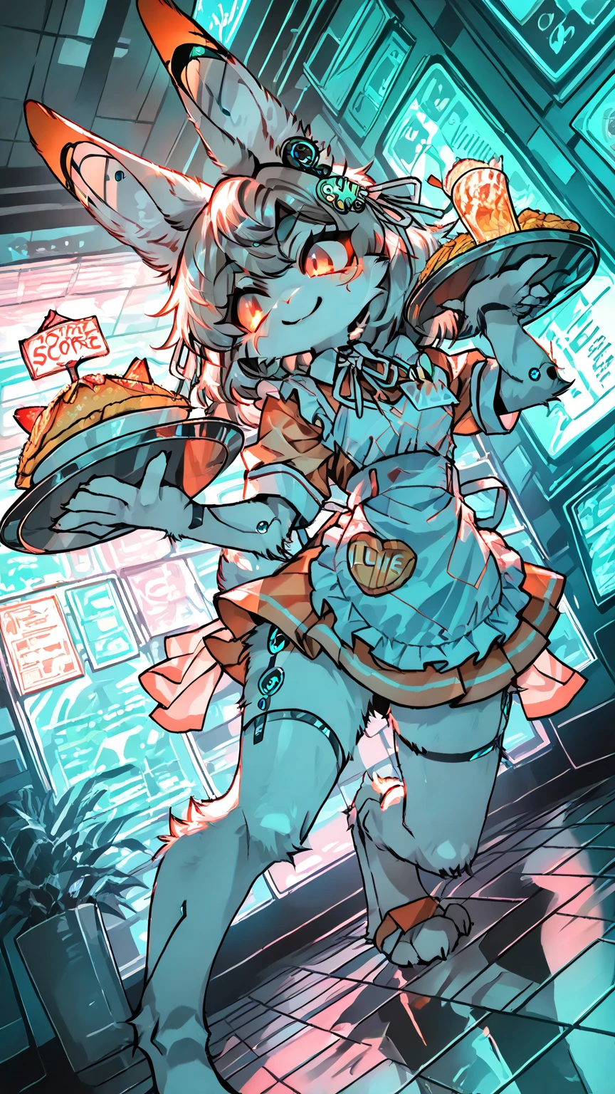 1girl,\((anthropomorphic rabbit, furry, kemono:1.3),(fur body),animal, Virtual waitress, hologram waitress, white ribbon, apron, Attractive smile,cute smile, greeting viewer, holding tray, cheerful, cyborg style, cyborg, android,cute pose,dynamic pose,(dynamic action:1.4)\), background\(cute fastfood restaurant\(futuristic design, girly concept design, neon lights, digital menu, pink, blue, white, glass reflection, metal reflection, advanced technology\).(dynamic angle:1.3),dutch angle, masterpiece, best quality