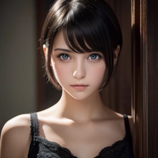  high resolution, masterpiece,  Luca Saracina,  shorthair ,  black hair, (Alone),  One Girl ,  cute,  interior ,   detailed eyes , ( dark eyes)