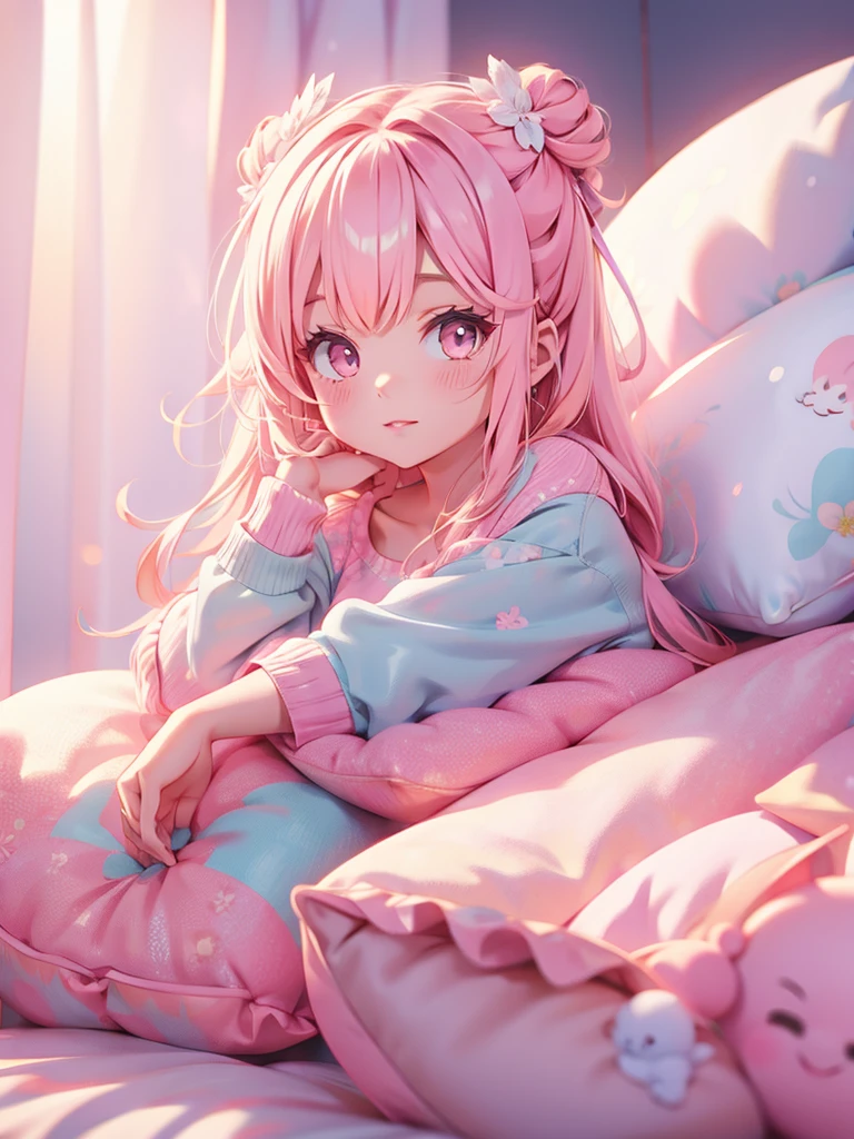 Chibi、 cute girl loungewear loungewear、 happy、Heartwarming、Relaxed、 macaron cushion 、Princess bed 、 white and pink cute room 、Cute girl lounging around wearing milky white and cherry gradation hair color 、cute fluffy pet 