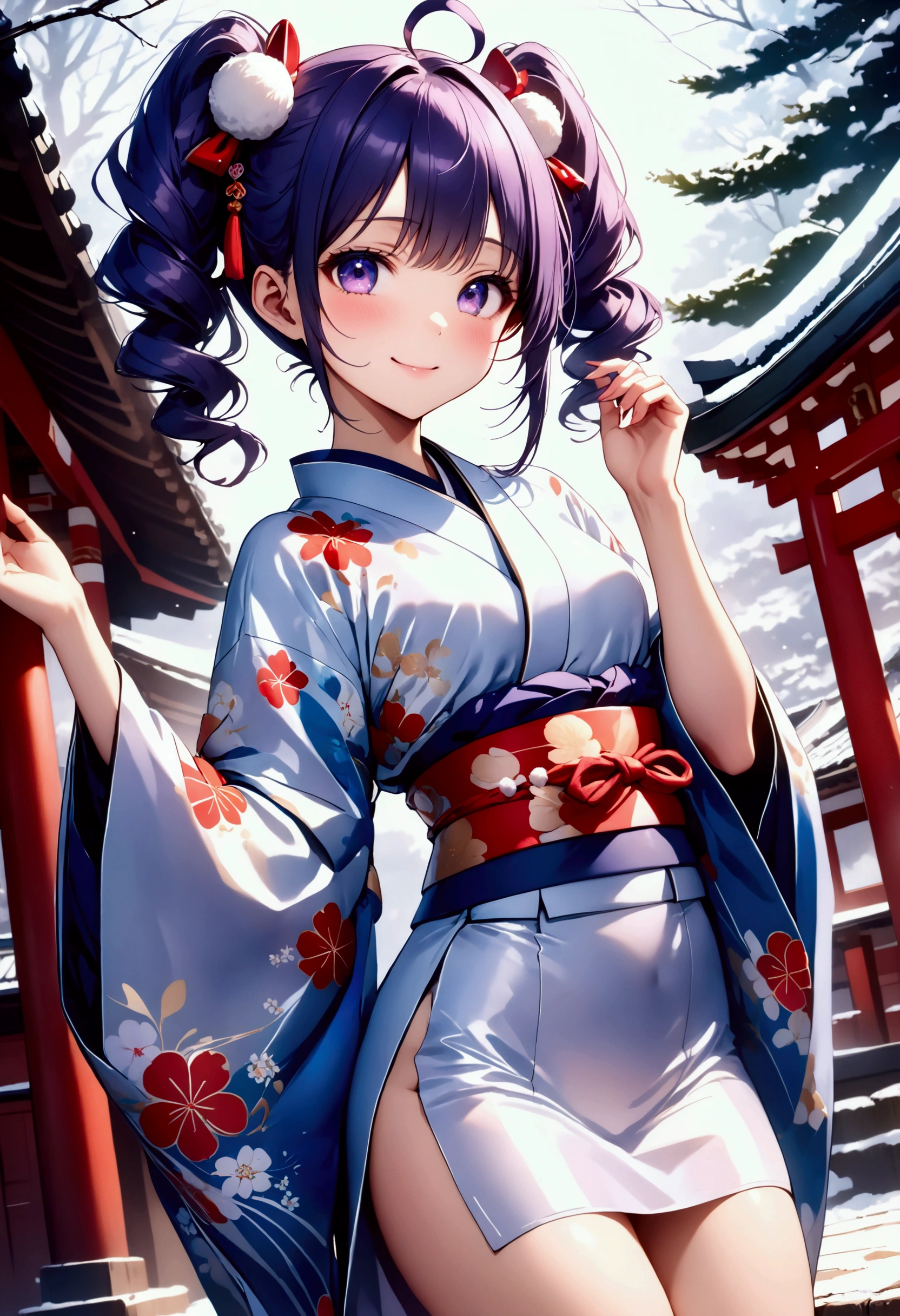 ((Japanese formal wear, beautiful kimono a blue, gorgeous furisode)), Shiny Costumes, break, skinny, alone, solo, Masterpiece, highest quality, highest quality, 16K, incredibly absurd, highly detailed, 2.5D, ai-generated, delicate and dynamic, very delicate facial expressions, delicate eye depiction, erotic, only sexy woman, ((A cute and kind face)), healthy figure, ((1 cute girl)), (teens girl), 150cm tall, ((Blue-purple hair, ((heart ahoge)), (((twin drills:2.0))), (Small white pompom a Hair-clip), twintails, Light-colored eyes)), small firm swaying bust, Small breasts, ((thin thighs)), shiny and lustrous, facing straight at viewer, (Smile), ((dutch angle)), (Dynamic Pose), (((random Pose))), Japanese shrine, bright sunlight, winter scenery,