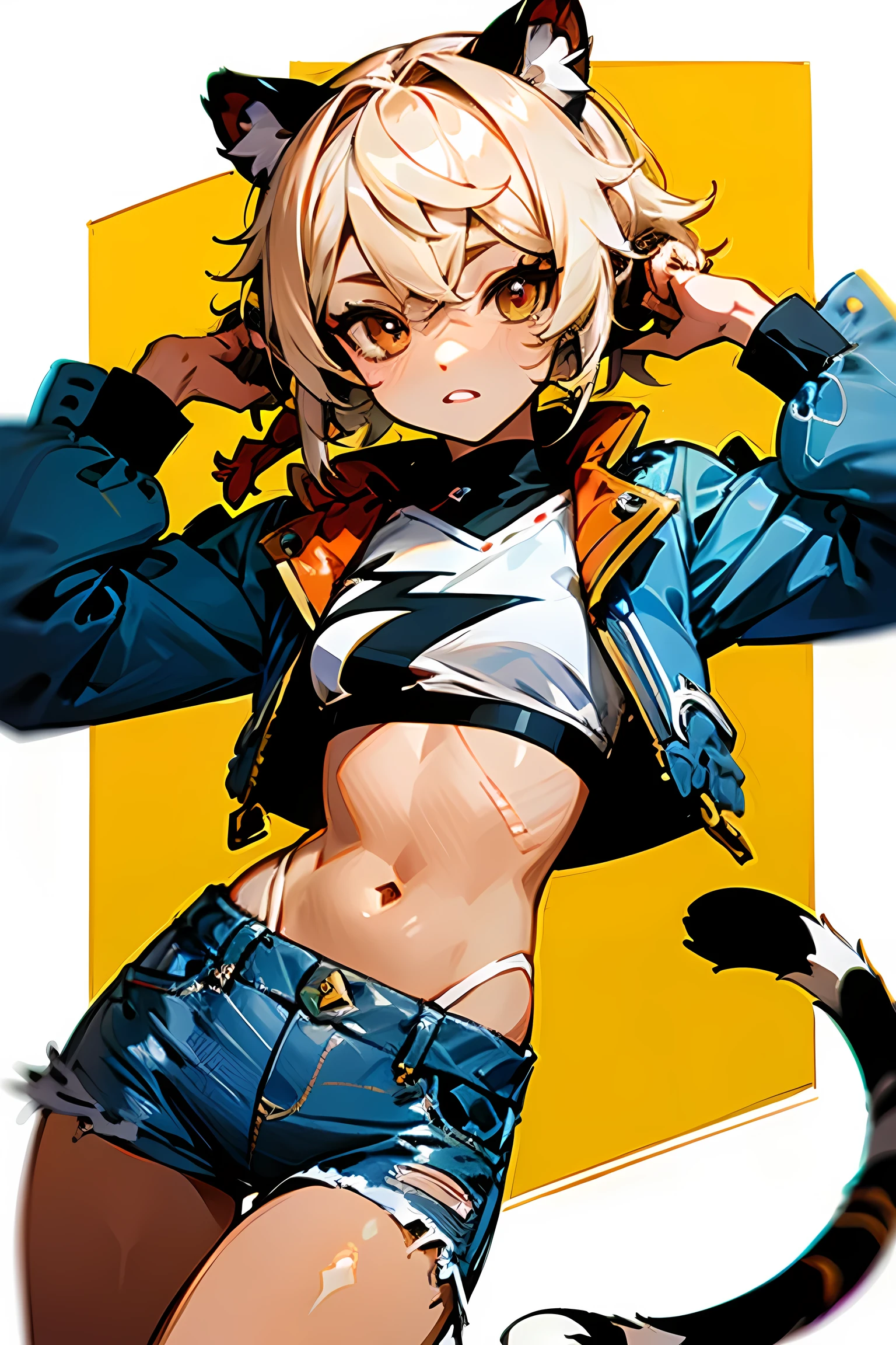 (topless), nsfw, masterpiece, magazine cover, 1 girl, erect nipples, nipples, navel, necklace, denim shorts, smiling, horse ears, horse tail, bare breasts, bare stomach, sweaty, cowboy shot, small breasts, puffy nipples, black belt, leg strap, hair ribbon, texts, bare arms, hands on waist, elbows, body painting, body graffiti, winking, happy, light brown hair