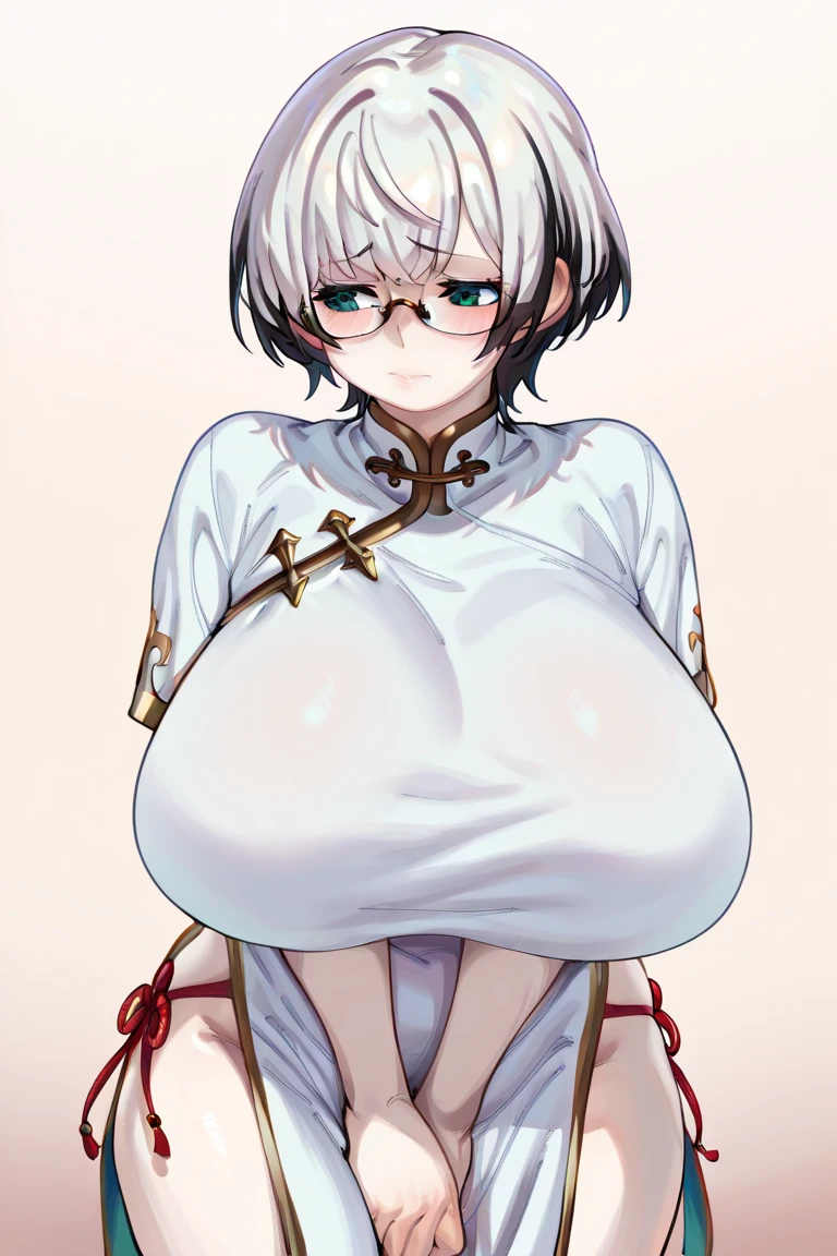 score_9, score_8_up, score_7_up, high detailed, high quality, masterpiece, no text, quality highlights, (masterpiece, best quality,very aesthetic), by Eigaka
1girl, masterpiece, beautiful, lovely,pale skin,white chinese clothes, shy, huge breast,glasses,white short hair,noel shirogane,