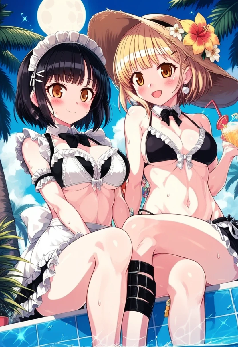 Black-haired beauty"Haruna"and blonde girl "yuki mio " ,  2 Girls,  bikini, maid  bikini, frills, brack  bikini, Outdoors, Palm leaves,  palm tree, plant, potted plant, null, Sparkle,  moon, knee brace 