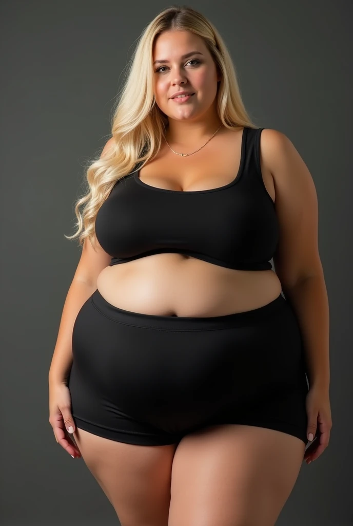 Fat woman, blonde, straight long hair, chubby, busty cleavage, 40 years old, caucasian, bbw, chubby,makeup, full body picture, big hips, blonde hair, tank top with no bra underneath, leggings pants, public bathroom, stretch marks, tan lines 