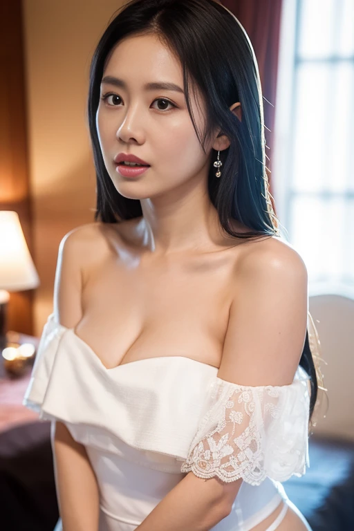 ((table top:1.4, highest quality)), (realistic pictures:1.4), ((topless, sexy cleavage)), (a naked beauty in large breasts with cute nipples exposed:1.4), (Pure actress), (dream-like), (ultra-High resolution:1.2), very delicate and beautiful, wonderful, Highly detailed CG Unity 8K wallpaper, Super detailed, High resolution, soft light, beautiful detailed girl, highly detailed eyes and face, beautifully detailed nose, beautiful and detailed eyes, (wear a light white dress:1.3), (A girl full of mysterious beauty), cinematic lighting, perfect anatomy, slender body, (parted bangs),(sitting:1.3), (night view), (moon), (beautifulness of the moon),cowboy shot, looking at the viewer, smile, 
