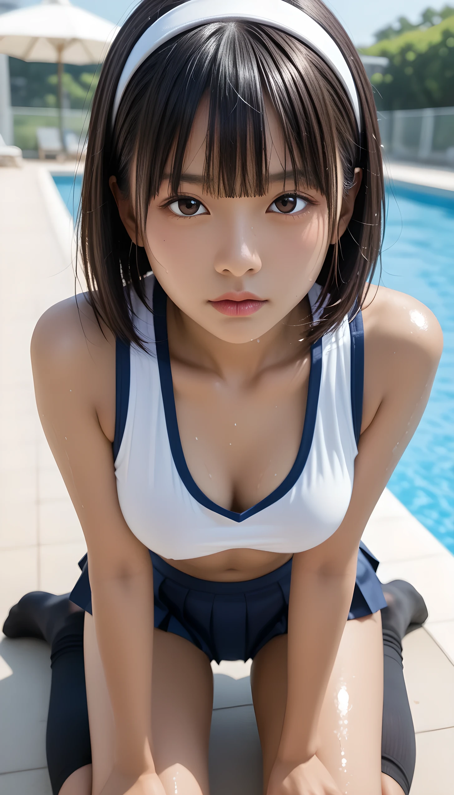  wet、masterpiece 、  top quality  、 Super high resolution、 realistic、 beautiful lighting arranged in an orderly manner、  RAW photos 、4K Ultra HD、  super detailed face、Clear Face、Detailed eye、 beautiful eyes、( Half Open Eyes )、1080P、 tan dark skin 、 black hair,   wet hair、 short bob cut , bangs、 Ponytail、 horny 、 young gravure idol who lost weight、、 white headband 、 white gloves、(((( taut chest、Separated Breasts 、 tight breasts)))、((( wet hair ))),(((scene：There is a beautiful scene floating in the background.、 blue sky))),(((wet Japanese elementary school girl 、  navy sailor color 、 with both shoulders out 、 wet pleated skirt 、 black knee socks、Wear black shorts)))、 Japanese Elementary School Girls Wearing School Uniforms、((Japanese elementary school girl in school swimsuit kneeling in a shallow pool 、While staring at the audience, bring your face close and kiss))  break ((( EXTREME FACE UP SHOT ,  viewers, the above )))、(( full body shot ))、(( underboob))、( perfect anatomy)、 break ((Upper eyelid))、((( midi skirt)))、 thin beautiful thighs 、 beautifully manicured hair 、 oily skin 、Five fingers