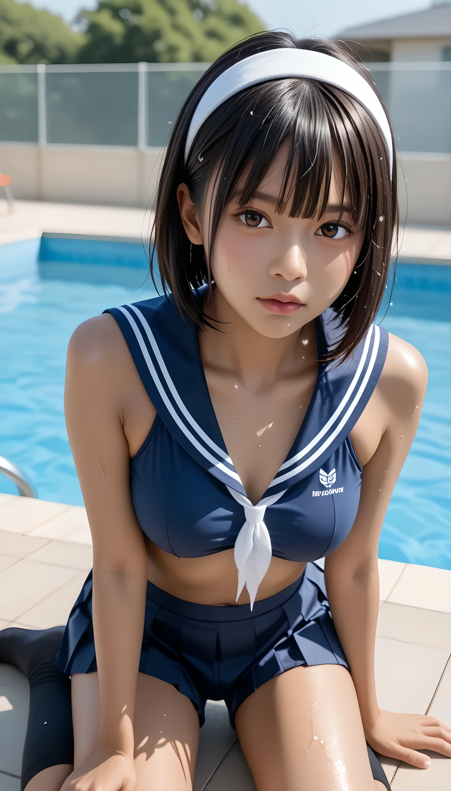  wet、masterpiece 、  top quality  、 Super high resolution、 realistic、 beautiful lighting arranged in an orderly manner、  RAW photos 、4K Ultra HD、  super detailed face、Clear Face、Detailed eye、 beautiful eyes、( Half Open Eyes )、1080P、 tan dark skin 、 black hair,   wet hair、 short bob cut , bangs、 Ponytail、 horny 、 young gravure idol who lost weight、、 white headband 、 white gloves、(((( taut chest、Separated Breasts 、 tight breasts)))、((( wet hair ))),(((scene：There is a beautiful scene floating in the background.、 blue sky))),(((wet Japanese  、  navy sailor color 、 with both shoulders out 、 wet pleated skirt 、 black knee socks、Wear black shorts)))、 Japanese Elementary School GirlUniforms、((Japanese elementary school girl in school swimsushallow pool 、While staring at the audience, bring your face close and kiss))  break ((( EXTREME FACE UP SHOT ,  viewers, the above )))、(( full body shot ))、(( underboob))、( perfect anatomy)、 break ((Upper eyelid))、((( midi skirt)))、 thin beautiful thighs 、 beautifully manicured hair 、 oily skin 、Five fingers