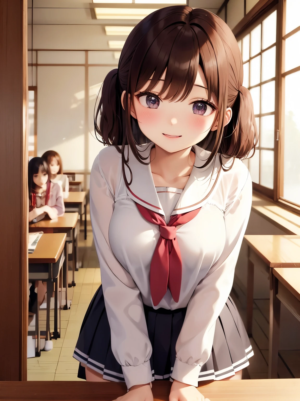 top quality,8k,smile,White sheer blouse、 Japanese high school uniform 、 , high school girl,Multiple girls are depicted 、classroom、Press your crotch against the corner of the desk、 embarrassing expression 、 wave hair