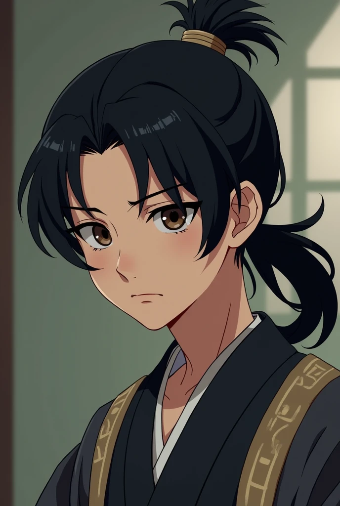  old boy in sengoku era, black hair with middle part bangs made in small ponytail to his back. Hazel coloured eyes.