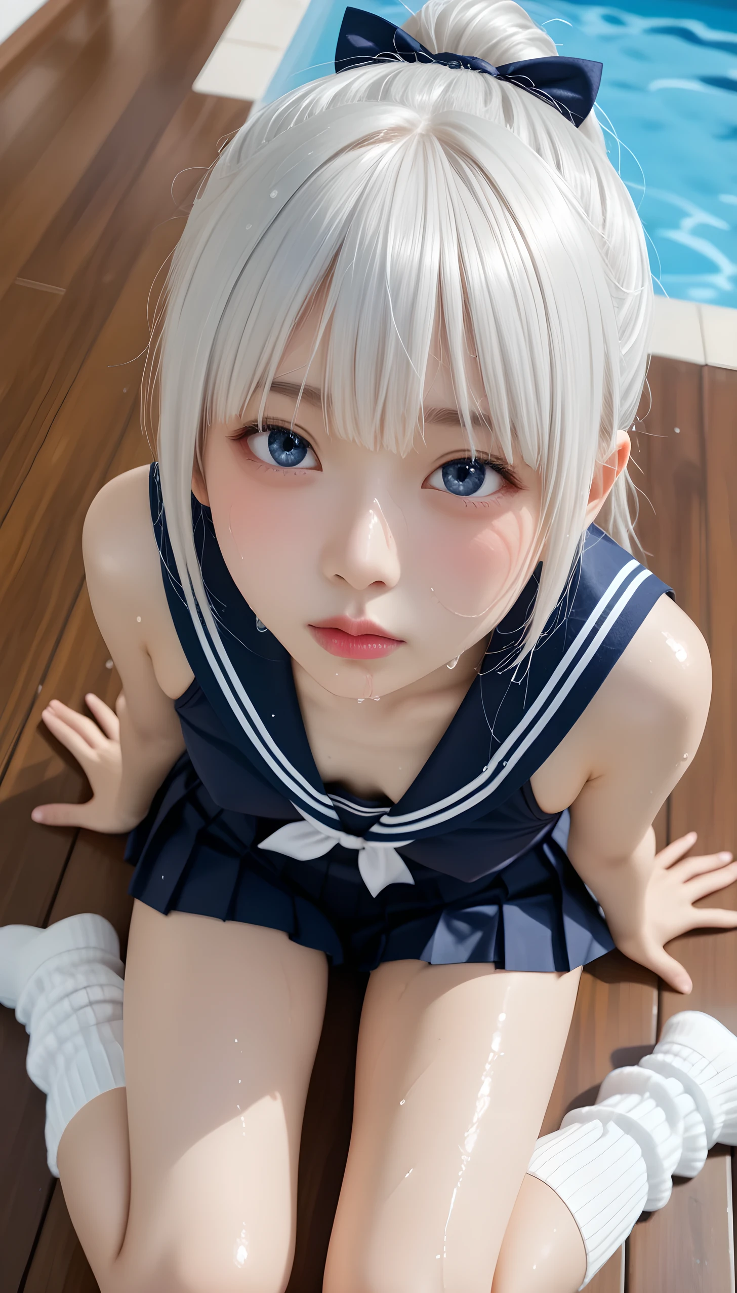  wet、masterpiece 、  top quality  、 Super high resolution、 realistic、 beautiful lighting arranged in an orderly manner、  RAW photos 、4K Ultra HD、  super detailed face、Clear Face、1080P、Detailed eye、 beautiful eyes、 ecstatic face、( Half Open Eyes )、 with blue eyes 、Silver-white hair、 Ponytail、 horny 、 young gravure idol who lost weight、cat ears、 white gloves、(((Firm small breasts、Separated Breasts 、 tight breasts)))、((( viewersに近づけるようにお口を持っていきます)))、(((wet Japanese elementary school girl 、  navy sailor color 、 with both shoulders out 、 wet pleated skirt 、 Loose Socks 、Wear black shorts)))、Japanese female elementary school students wearing school swimsuits 、((Inside a small pool 、 brings her face close and kisses while staring at the audience)) break ( messy bun  ) break ((( EXTREME FACE UP SHOT ,  viewers, the above ))), (( A woman reaches for the cameraman 、Kneel))、( perfect anatomy)、 break ((Upper eyelid))、((( midi skirt)))、 thin beautiful thighs 、 beautifully manicured hair 、 oily skin 、Five fingers