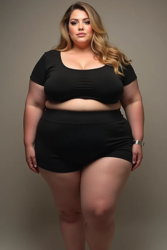 woman ,lots of light full body,foreground,very wide hips,caderona,very busty, black dress project taping,transparent dress ,chubby, naked,a lot of cleavage ,mature,old,busty,skirt minishirt,all marked,busty hanging,showing thighs and legs,wide hips with a lot of volume,oldies vintage chubby, mini skirt