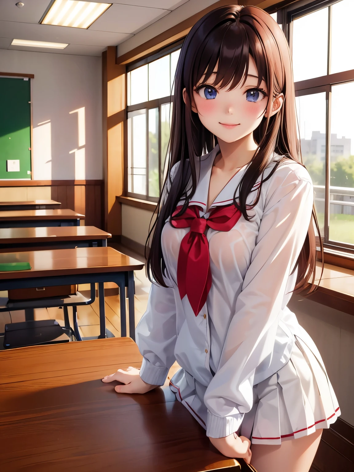 top quality,8k,smile,White sheer blouse、 Japanese high school uniform 、 , high school girl,Multiple girls are depicted 、classroom、Press your crotch against the corner of the desk