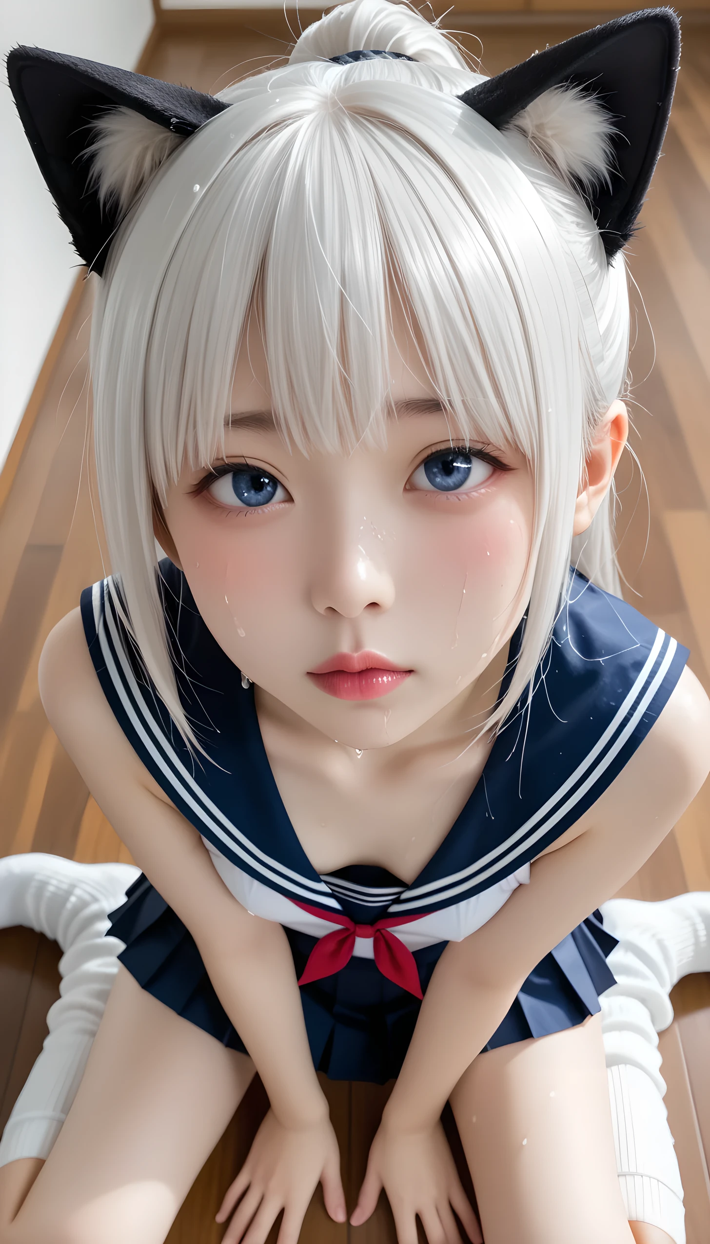  wet、masterpiece 、  top quality  、 Super high resolution、 realistic、 beautiful lighting arranged in an orderly manner、  RAW photos 、4K Ultra HD、  super detailed face、Clear Face、1080P、Detailed eye、 beautiful eyes、 ecstatic face、( Half Open Eyes )、 with blue eyes 、Silver-white hair、 Ponytail、 horny 、 young gravure idol who lost weight、cat ears、 white gloves、(((Firm small breasts、Separated Breasts 、 tight breasts)))、((( viewersに近づけるようにお口を持っていきます)))、(((wet Japanese elementary school girl 、  navy sailor color 、 with both shoulders out 、 wet pleated skirt 、 Loose Socks 、Wear black shorts)))、Japanese female elementary school students wearing school swimsuits 、((Inside a small pool 、 brings her face close and kisses while staring at the audience)) break ( messy bun  ) break ((( EXTREME FACE UP SHOT ,  viewers, the above ))), (( A woman reaches for the cameraman 、Kneel))、( perfect anatomy)、 break ((Upper eyelid))、((( midi skirt)))、 thin beautiful thighs 、 beautifully manicured hair 、 oily skin 、Five fingers