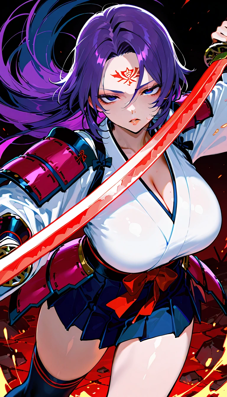 a female samurai, beautiful detailed eyes, beautiful detailed lips, extremely detailed face, long eyelashes, (katana sword on hip:1.2),hyper realistic lighting,(super detailed:1.3),((best quality:1.2)),((masterpiece:1.2)),female focus,lonely beauty,detailed face,detailed lips,(nighttime:1.6),(standing in a medieval europe castletown),(eclipse),cowboy shot,((cleavage)),((shibari across breasts:1.125)),topknot,muted dark blue hair,white samurai coat,black samurai pants:1.4, muscular:0.4, rough look, bloody clothes, cruel, ((bloody))