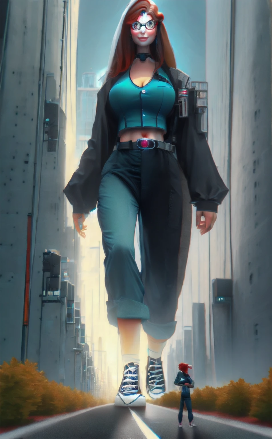 Woman, 30 years old. Nuclear scientist. Labcoat and glasses. Dark red hair. Irradiated by a radiation leak at nuclear power plant. Iridescent blue glow. She is transforming, growing into a 80ft tall giantess. Her muscles tighten and bulge. Her limbs lengthen and hips widen. Her breasts swell to enormous proportions. She grows through the roof of the containment building. Feeling powerful, strong,  sexy. 