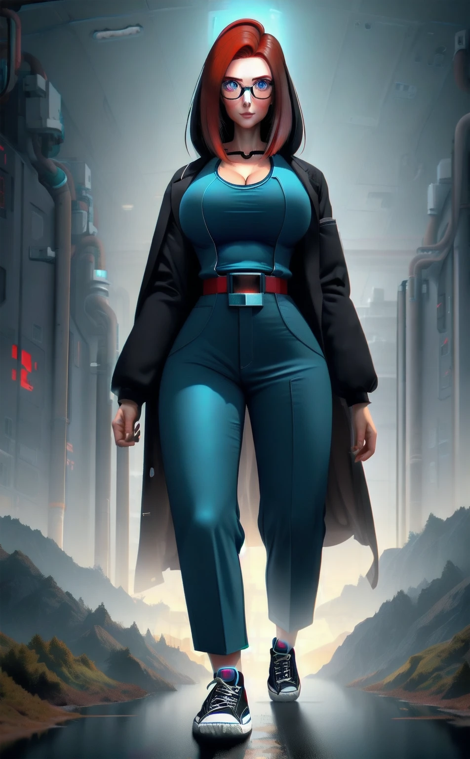 Woman, 30 years old. Nuclear scientist. Labcoat and glasses. Dark red hair. Irradiated by a radiation leak at nuclear power plant. Iridescent blue glow. She is transforming, growing into a 80ft tall giantess. Her muscles tighten and bulge. Her limbs lengthen and hips widen. Her breasts swell to enormous proportions. She grows through the roof of the containment building. Feeling powerful, strong,  sexy. 