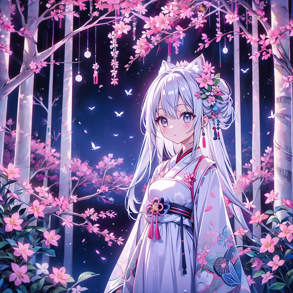    thin and soft painting style   、Alone、White fox girl    、   gray hair、  Smooth Long Hair     、  Very cute 、:<,  happy _new_Year！、Japanese Furisode、  dress、桜色の可愛い  dress、