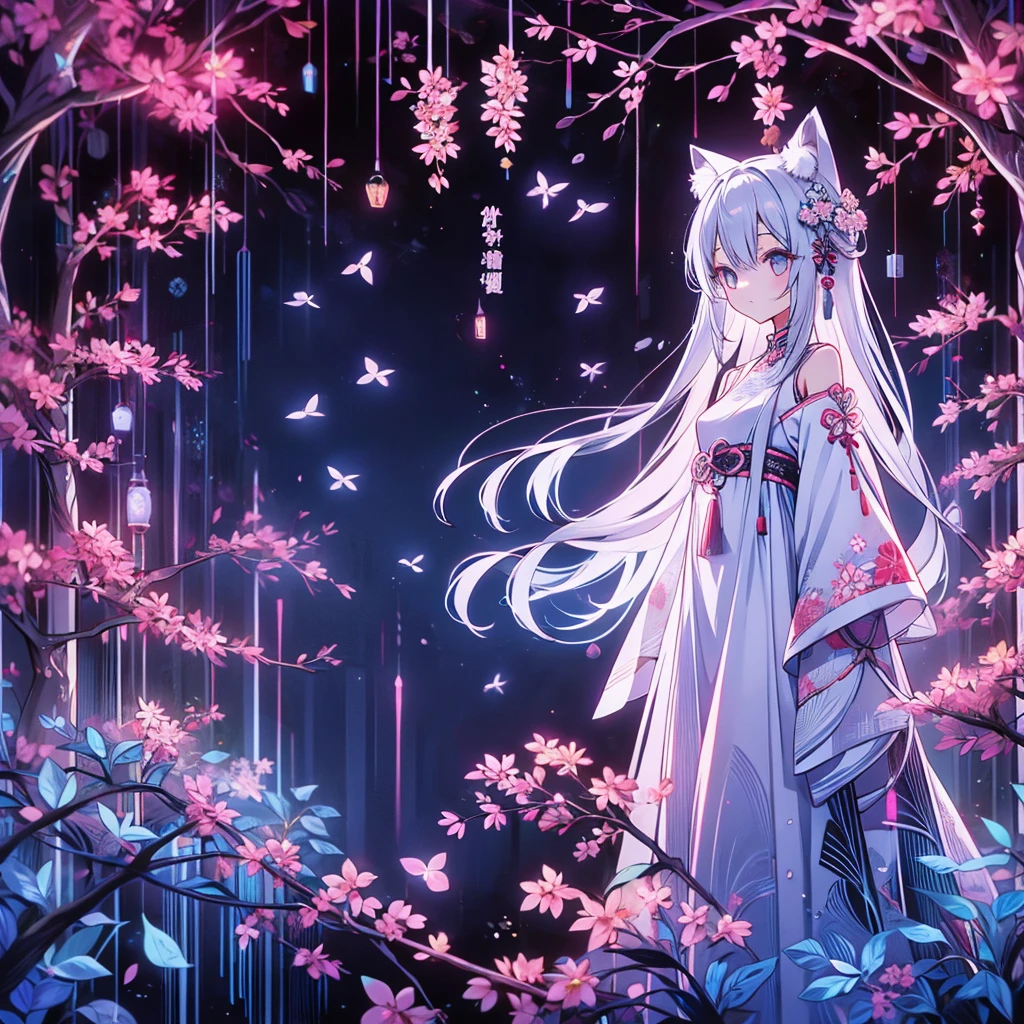    thin and soft painting style   、Alone、White fox girl    、   gray hair、  Smooth Long Hair     、  Very cute 、:<,  happy _new_Year！、Japanese Furisode、  dress、桜色の可愛い  dress、