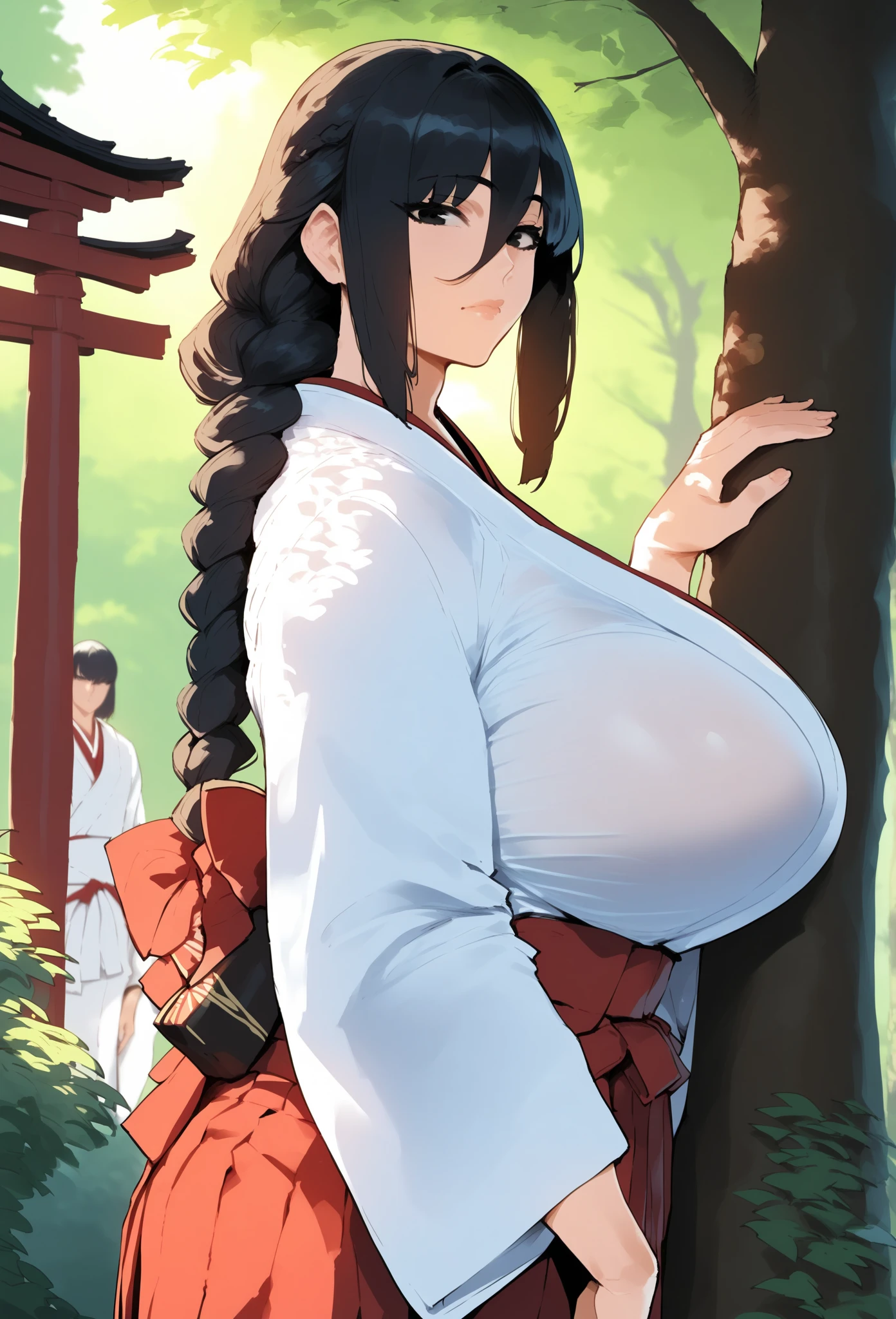 score_9, score_8_up, score_7_up, score_6_up, source_anime, BLE, 2girls 1man, solo, long hair, looking at viewer, skirt, black hair, long sleeves, huge breasts, hair between eyes, closed mouth, standing, braid, outdoors, japanese clothes, day, wide sleeves, kimono, black eyes, from side, tree, single braid, sunlight, hakama, nature, hakama skirt, forest, white kimono, miko, red hakama, dappled sunlight, shrine, tree shade, stone lantern, bad boy man, felatio pose, 