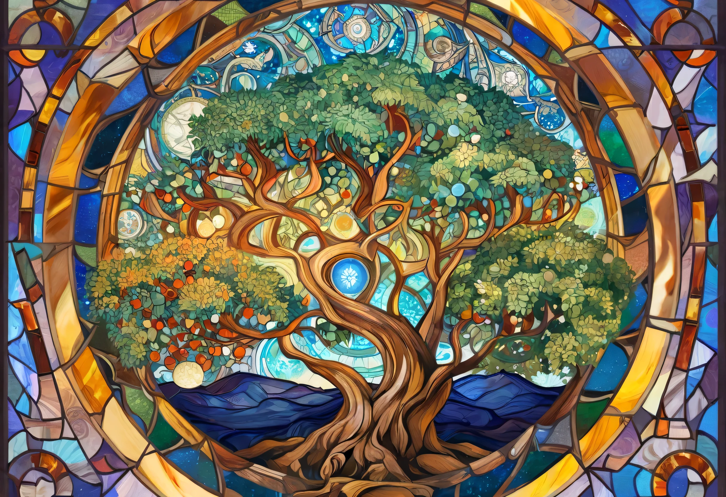 a painting of a tree in a stained glass circle, a mosaic by Eugeniusz Zak, shutterstock, metaphysical painting, cosmic tree of life, the world tree, tree of life seed of doubt, the tree of life, world tree, tree of life, tree of life inside the ball, cosmic tree, collective civilization tree, intricate oil painting artwork