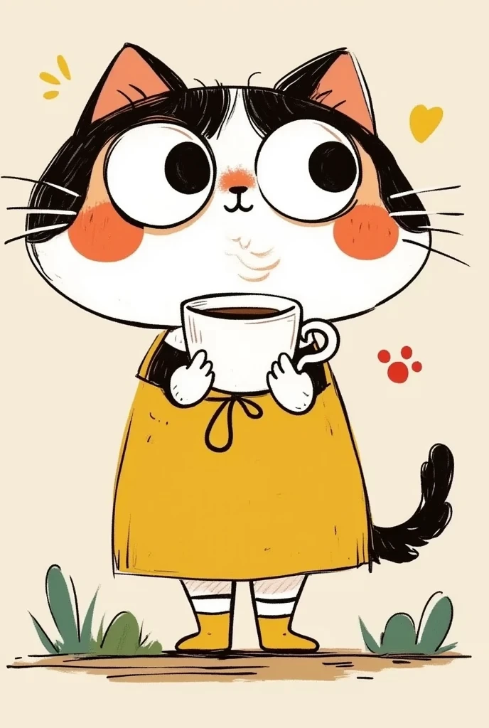 A cute cartoon cat。With an apron，Holding coffee in hand。Black lines outline。