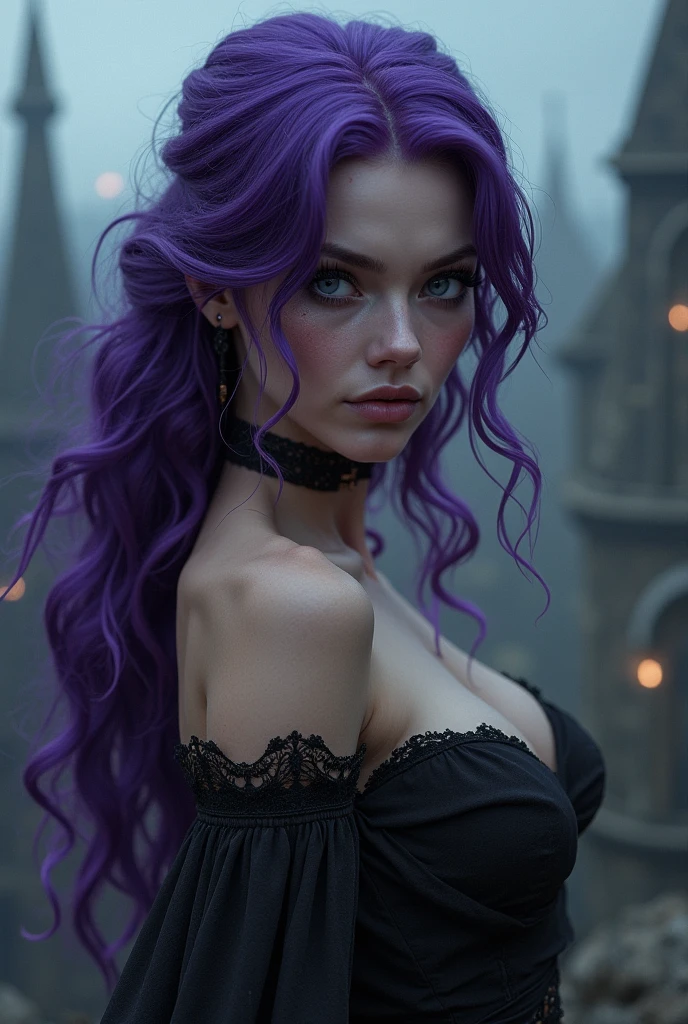 a sexy gothic girl with realistic purple hair and purple eyes, big breasts, realistic sexy pose, in a realistic gothic room, detailed facial features, 4k, high quality, photorealistic, studio lighting, extremely detailed, hyper realistic, dark moody lighting, dramatic shadows, cinematic composition, beautiful, elegant, intricate details, chiaroscuro, dramatic lighting, rich colors, dramatic, moody, atmospheric, haunting, captivating, immersive, compelling, striking, powerful, visceral in the bed dark light not adult