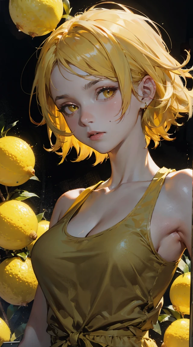 yellow hair, short hair, messy hair, breasts, yellow eyes, upper body, leaning to lemon, lemon, floating lemon, lemon juice, tank top, lemon pattern clothes, cleavage, lemon hair ornament, , Dark dreams, Eerie reality,Darkness