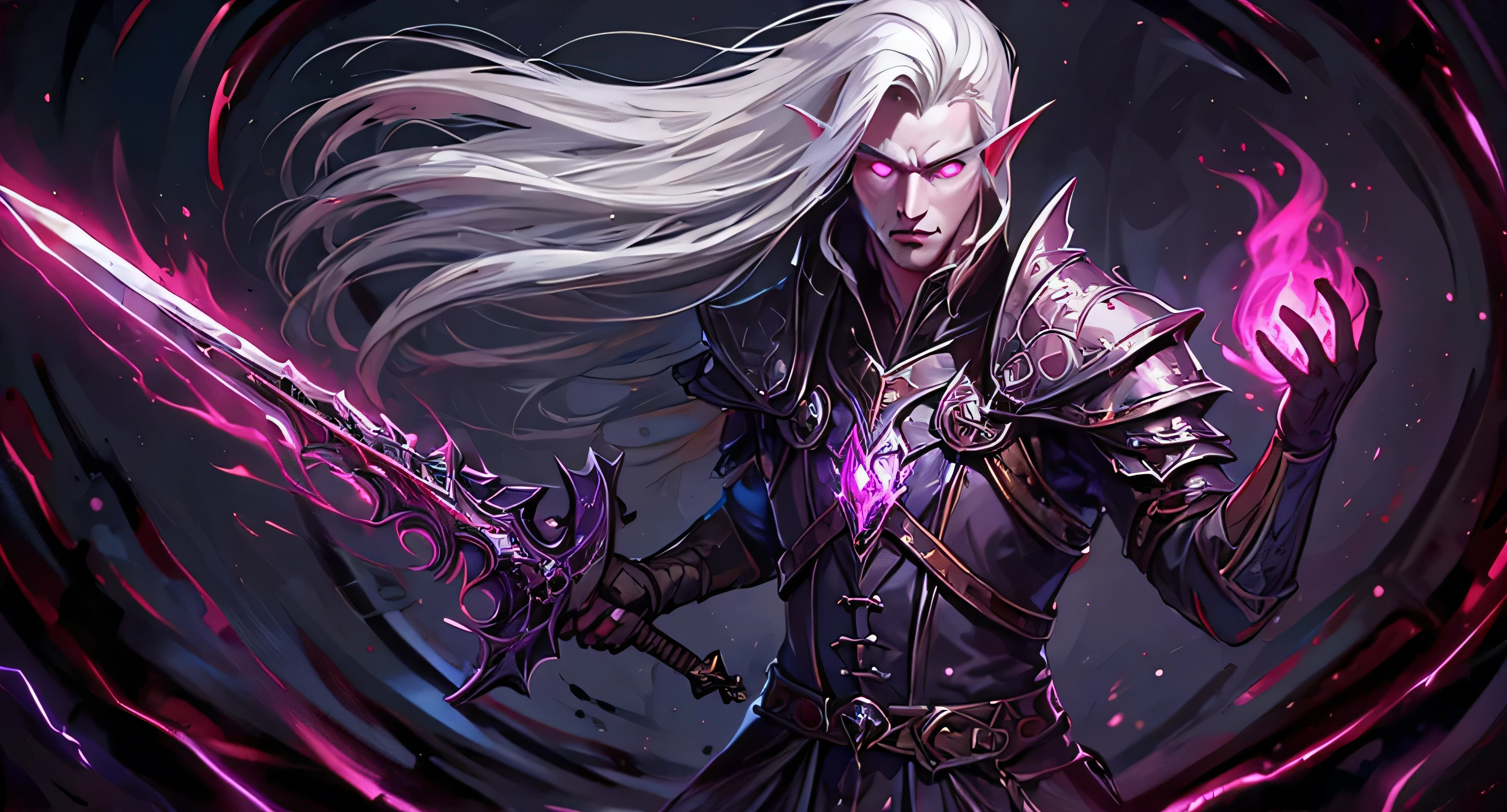 Elven warrior man with long hair in the wind,  wizard holding a large and very beautiful sword in one hand with several rays and fires coming out of the blade of the sword in the color purple crimson and black and in the other hand conjuring some magic also in the color crimson purple and black