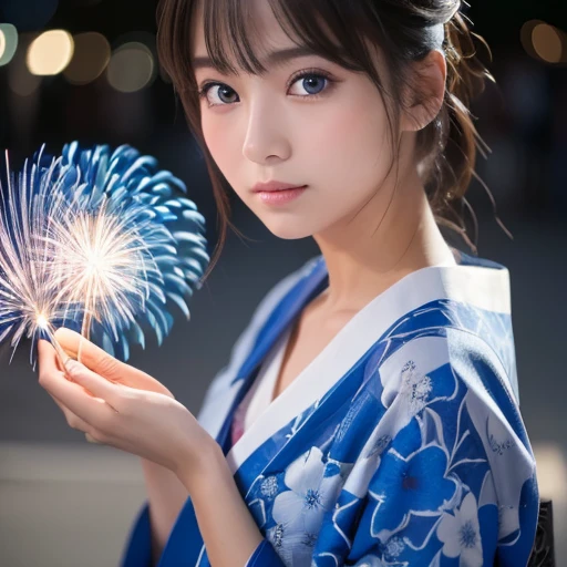 ((masterpiece,  Top Quality,  Ultra Fine,   high definition  )), Alone,  beautiful girl , 輝く瞳,  perfect eyes, ,  blue theme , yukata, firework