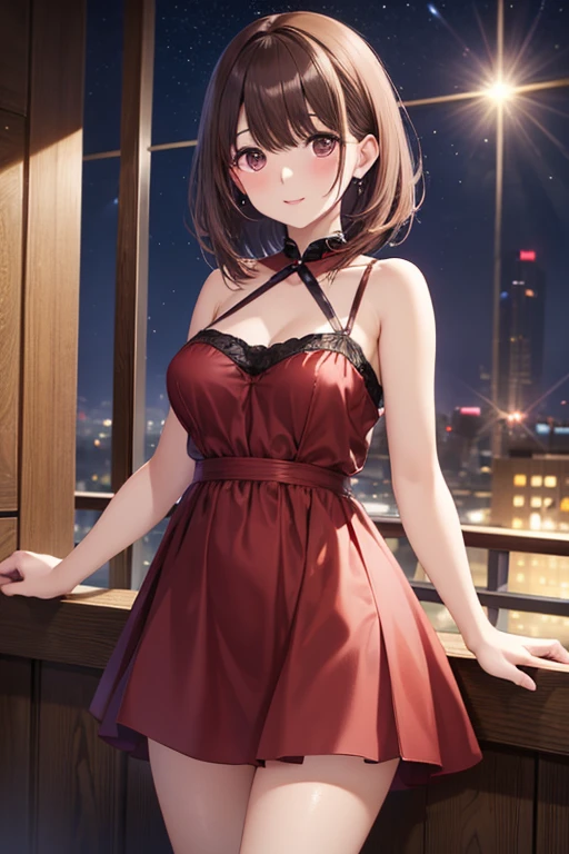 anegasaki nene、 Shiny Maroon Hair ,  shorthair , ( brown pretty eyes 、 with sparkling eyes, Fine grain)、smile、 super detailed eyes、 very detailed face ,  highly detailed eyes ,(masterpiece:1.3), cowboy shot, (Only one woman, Alone)、



 one girl、 plump lips 、  Camisole Dress 、 Beautiful skin、 small breasts、Small bust、Night Time、 against a wonderful night scene、You can see the night view in the distance 、 RAW photos 、 top quality、ultra  high resolution、 high resolution、 Masterpiece:1.3、８ｋ、professional photographer、