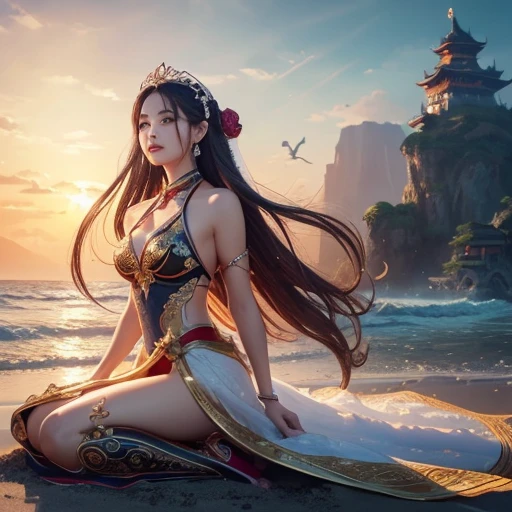 There is a woman sitting on the beach holding a watch, Queen of the Sea Mu Yanling, Beautiful digital art, Highly detailed digital art in 4K, Beautiful Fantasy Empress, 8k high quality detailed art, Fantasy Beautiful, Jan J, Beautiful and gorgeous digital art, Gwaiz, artwork in the style of Gwaiz, Beautiful fantasy art, Chinese Fantasy