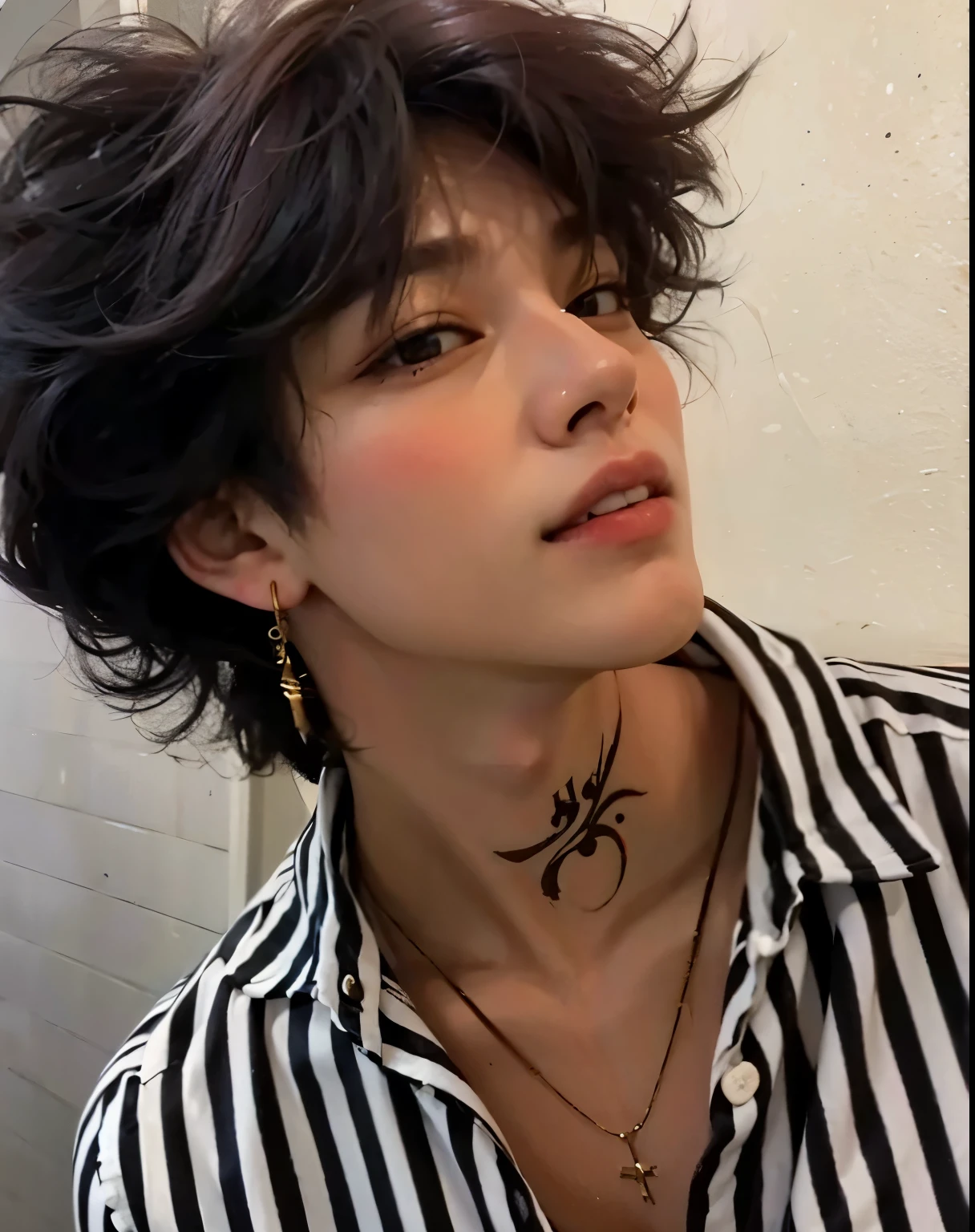 hay una hombre con un tatuaje en el brazo y un hombre con un tatuaje en el brazo, an epic non-binary model, androgynous face, androgynous person, androgynous male, delicate androgynous prince, androgynous, beautiful androgynous prince, huge earrings and strange makeup, kim taejin, androginia dpr ian christian yu