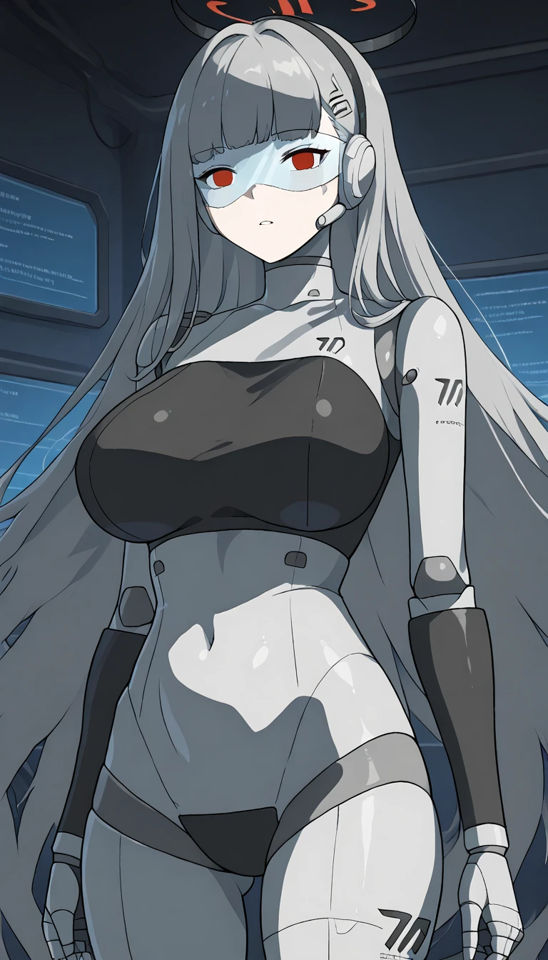 Masterpiece, High quality, High quality of art, anime lineart, 1girl,white hair, black eyes, white eyebrow, red eyeshadow, Tall, black cyber clothers, light gray cyber pants, big hips, big chest, very blush, white hearts in eyes, in future base, looking at viewer, smile, white skin, white hearts in eyes