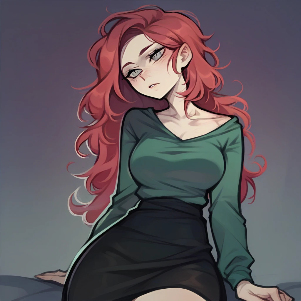 1girl, red hair, solo, grey eyes, green shirt slit shoulder type, black skirt, libray background 
